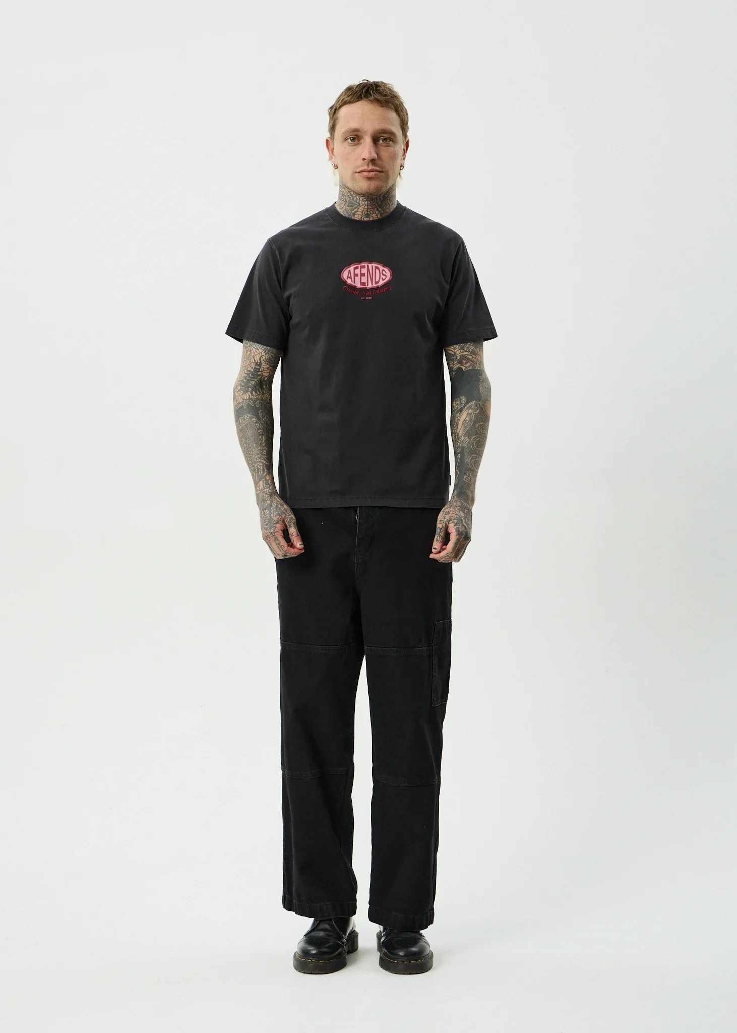 AFENDS Mens Destroyed Retro Tee in Stone Black - Image 2