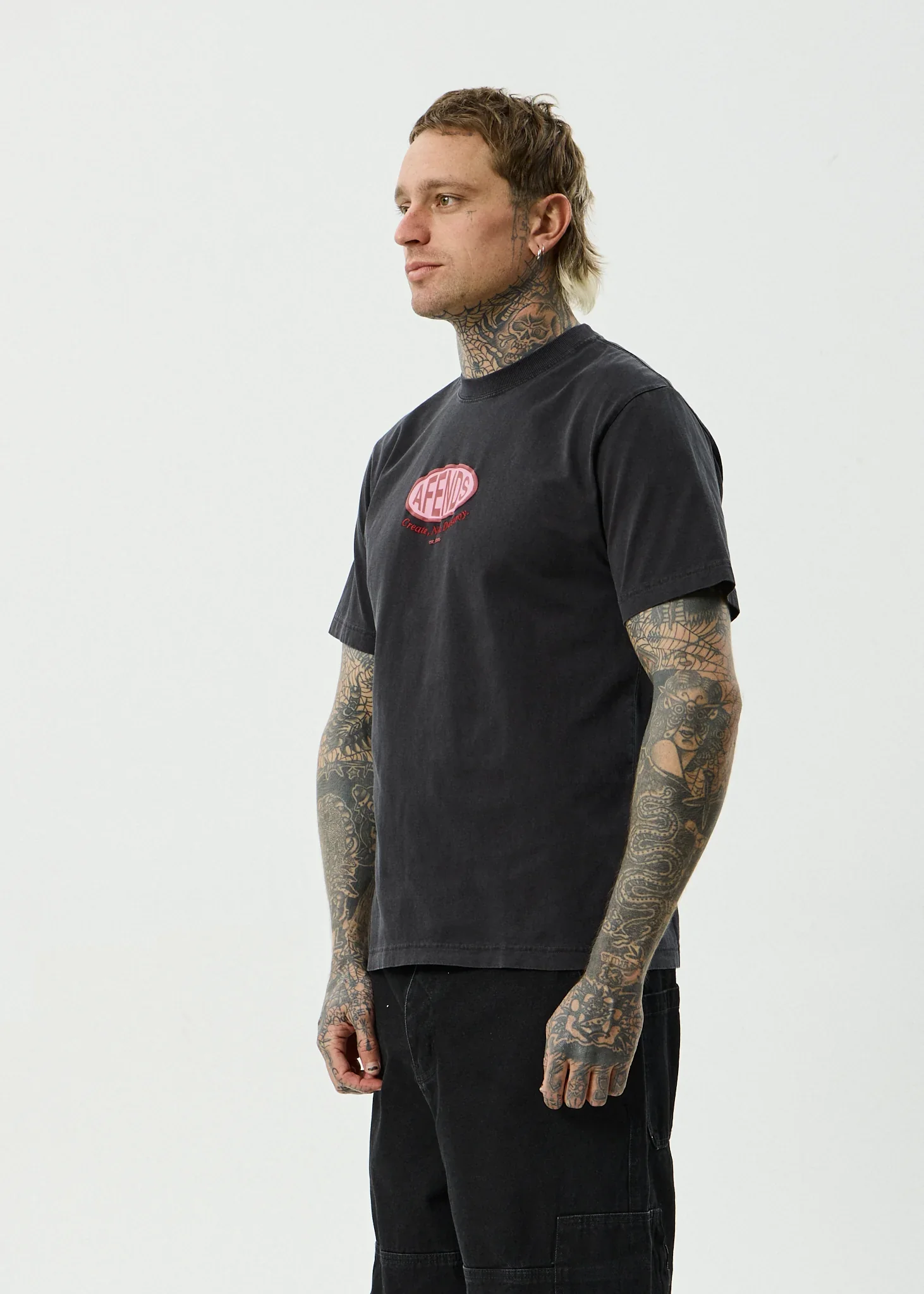 AFENDS Mens Destroyed Retro Tee in Stone Black - Image 3