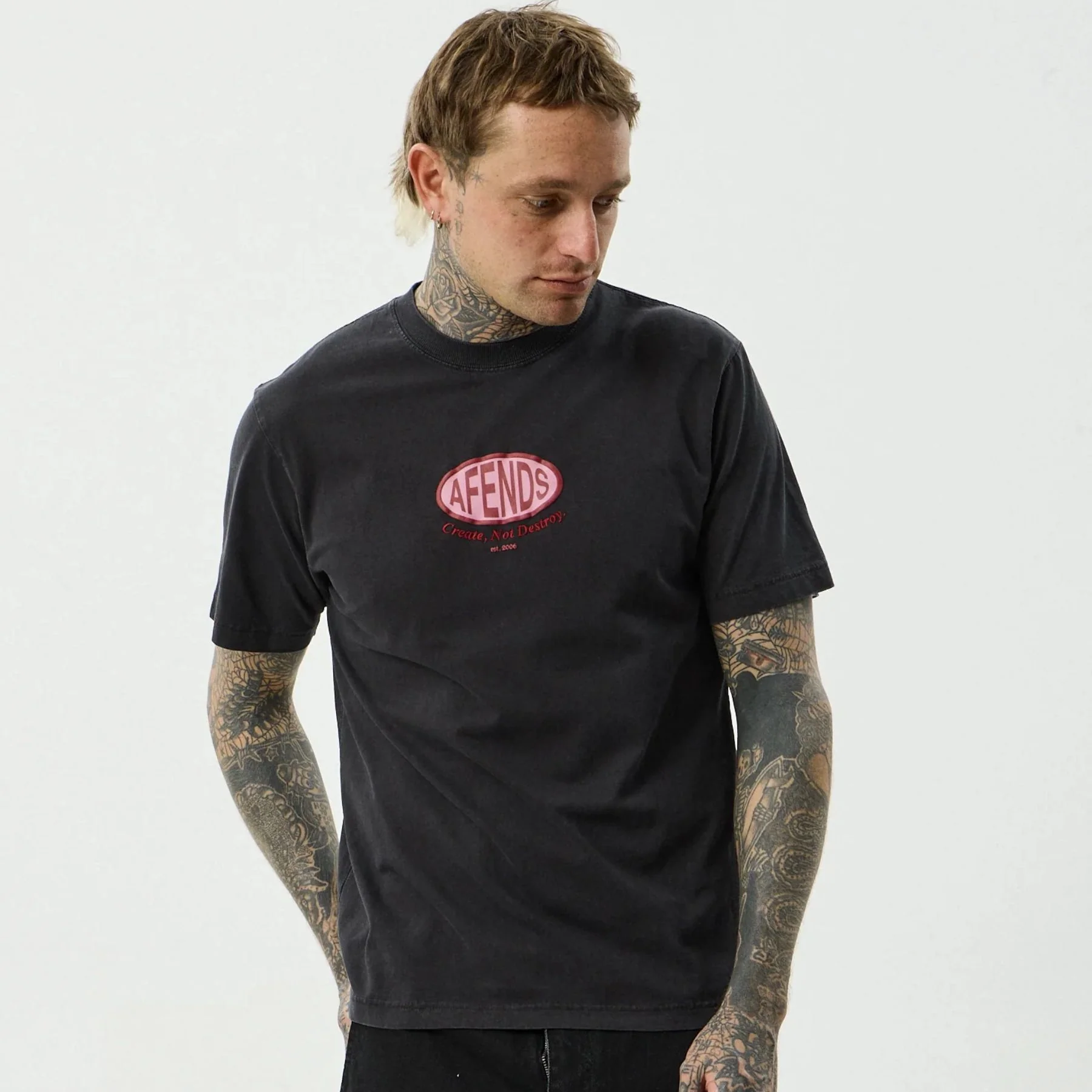 AFENDS Mens Destroyed Retro Tee in Stone Black - Image 7