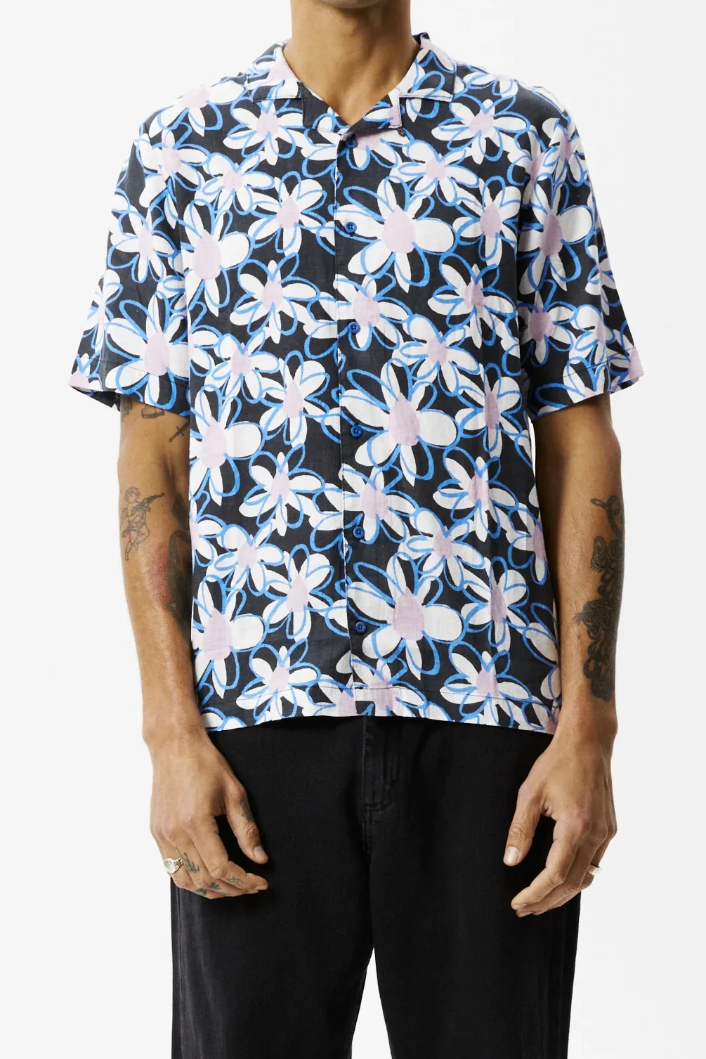 AFENDS Mens Waterfall - Cuban Short Sleeve Shirt - Stone Black - Image 3