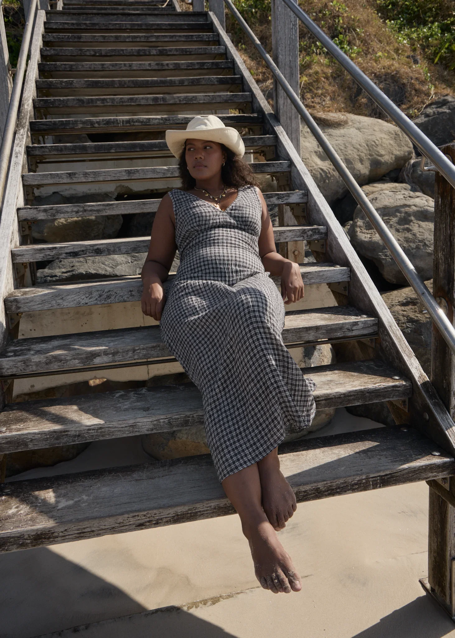 AFENDS Womens Asta Seersucker Maxi Dress in Steel Check - Image 14