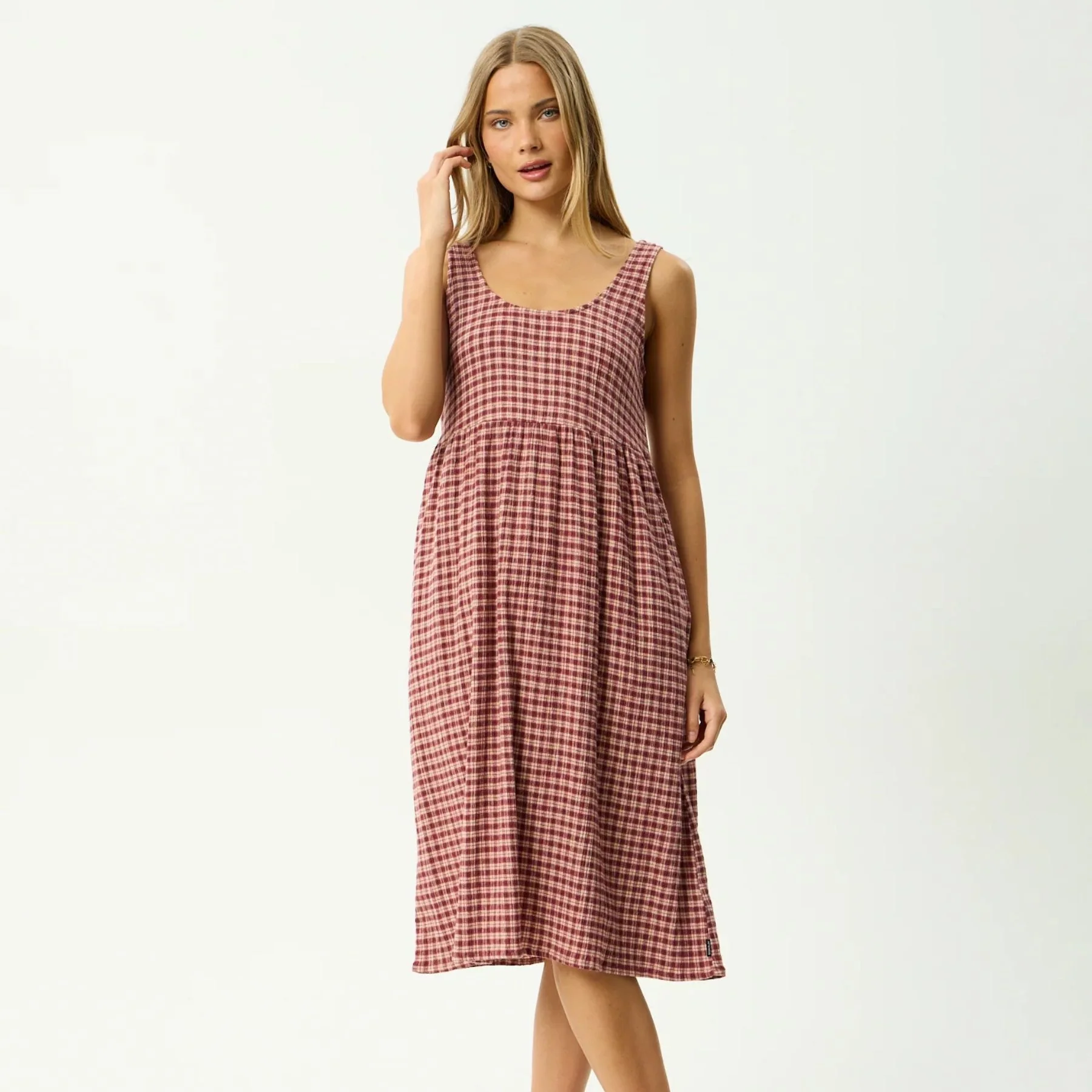 AFENDS Womens Capricorn Seersucker Midi Dress in Burgundy / Beige Check - Image 2