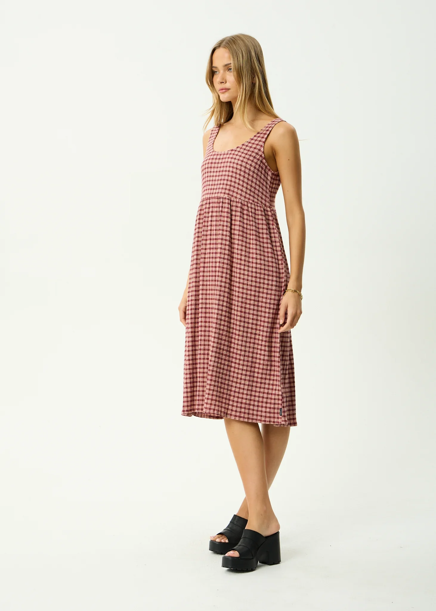 AFENDS Womens Capricorn Seersucker Midi Dress in Burgundy / Beige Check - Image 4