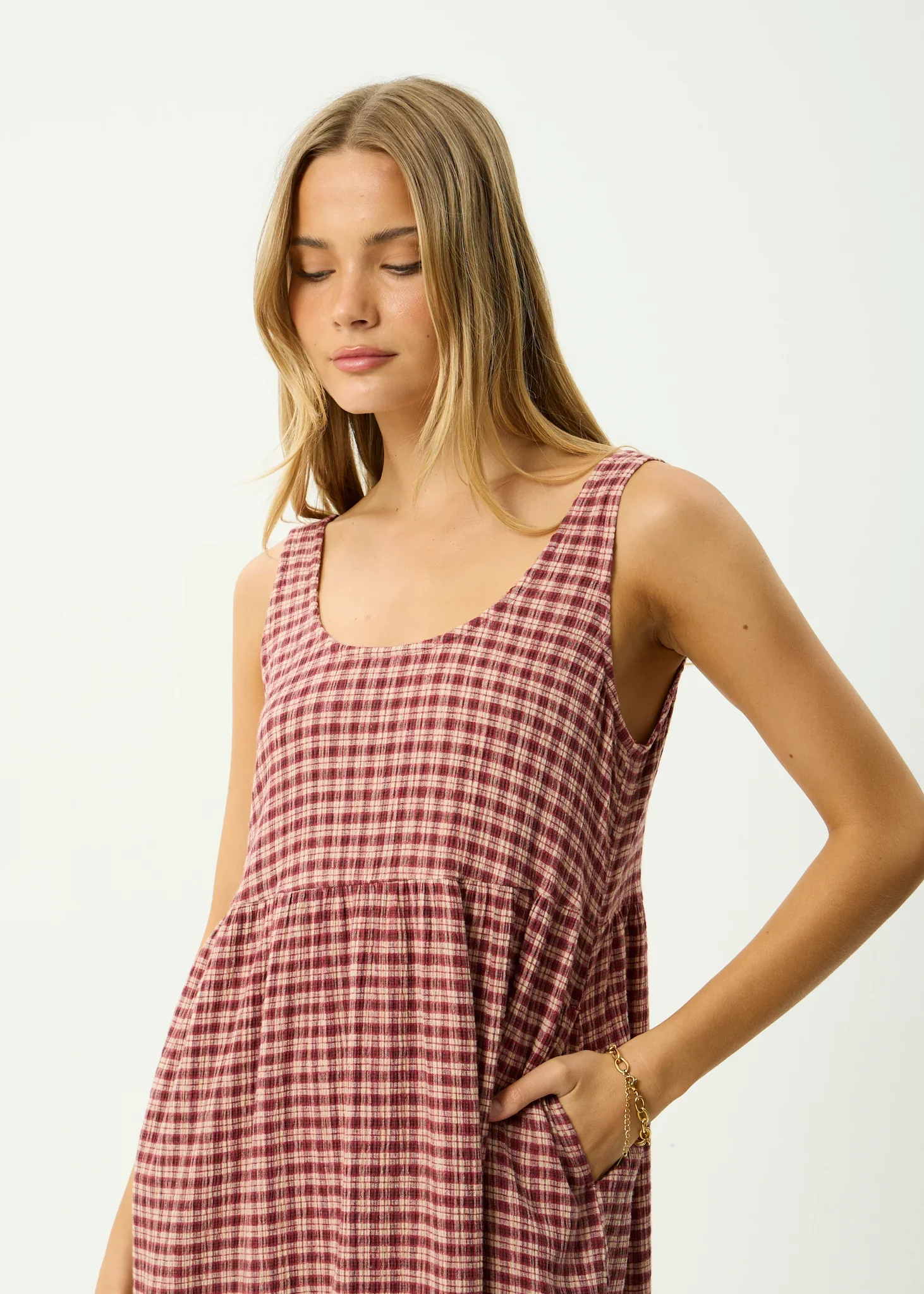 AFENDS Womens Capricorn Seersucker Midi Dress in Burgundy / Beige Check - Image 6