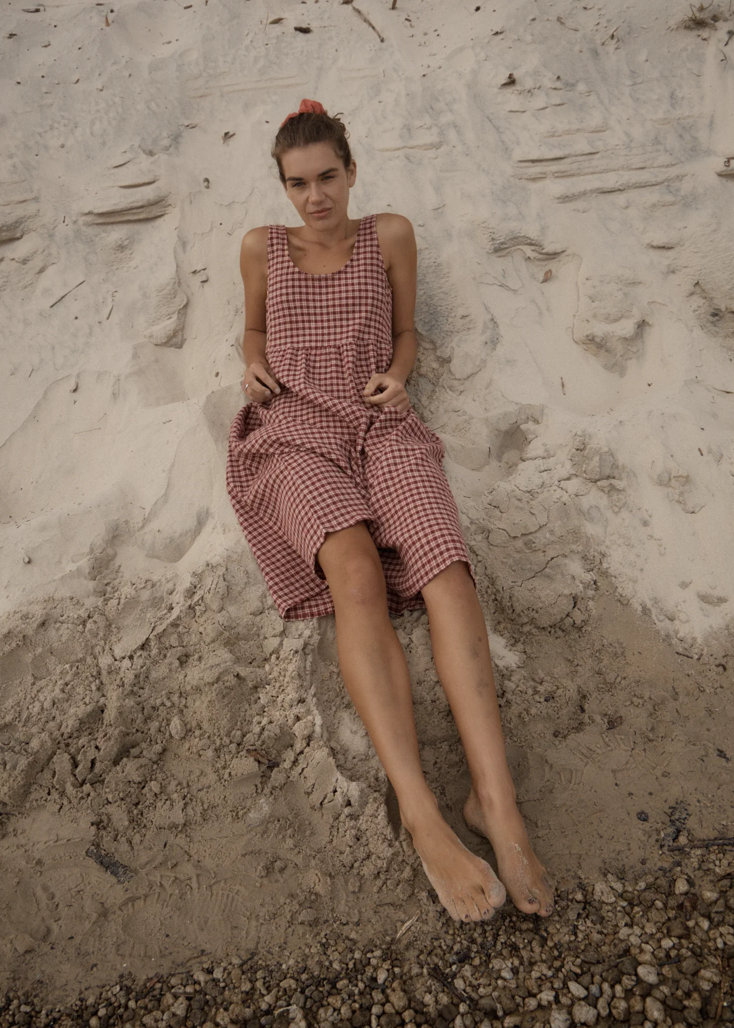 AFENDS Womens Capricorn Seersucker Midi Dress in Burgundy / Beige Check - Image 8