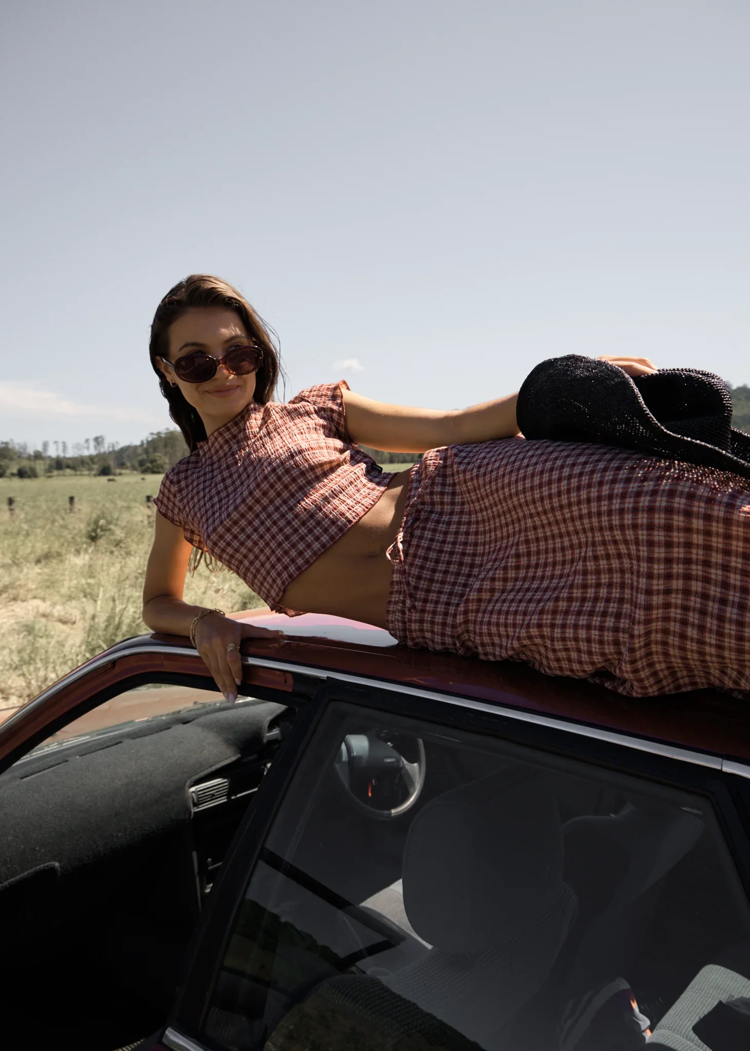 AFENDS Womens Capricorn Seersucker Top in Burgundy / Beige Check - Image 10