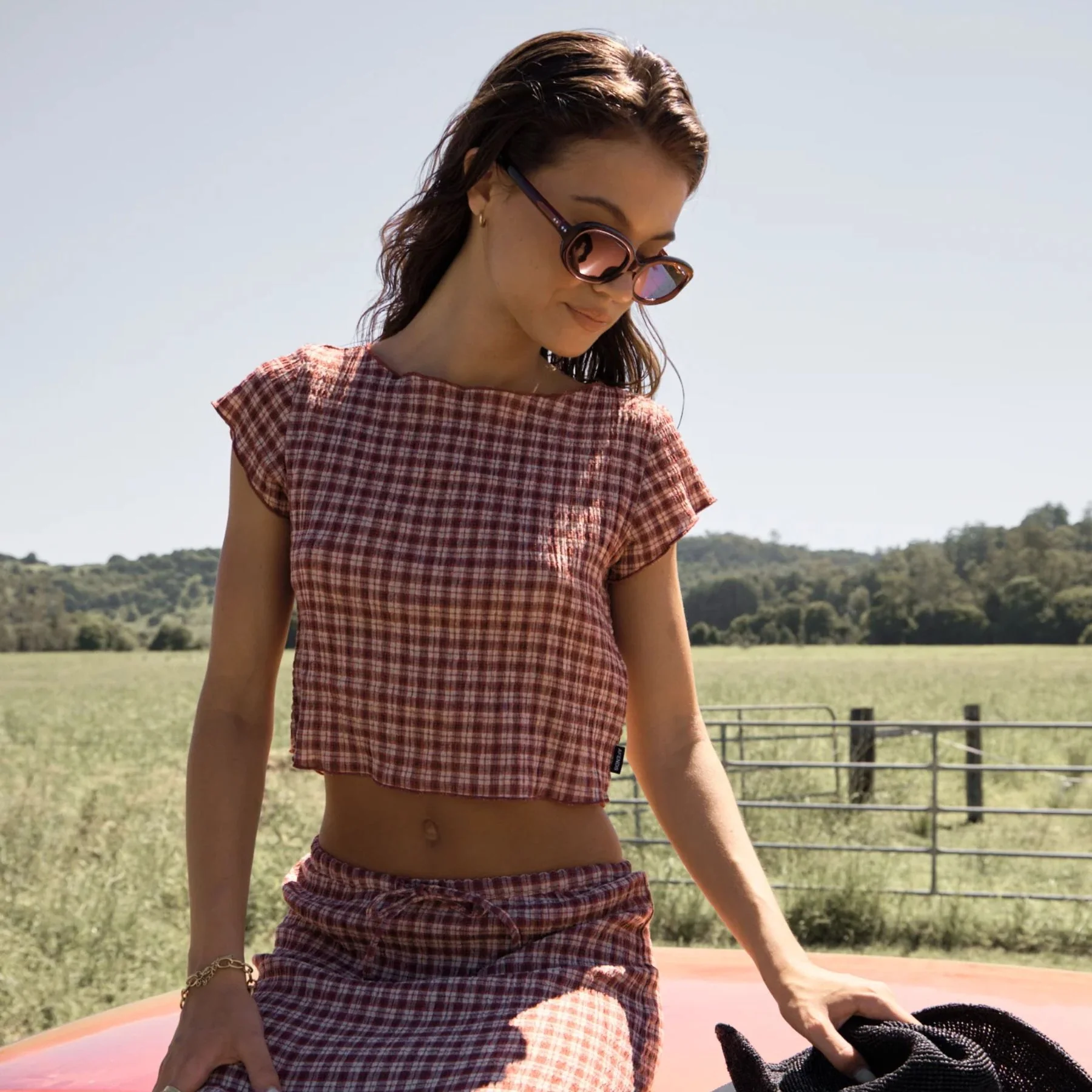 AFENDS Womens Capricorn Seersucker Top in Burgundy / Beige Check - Image 11
