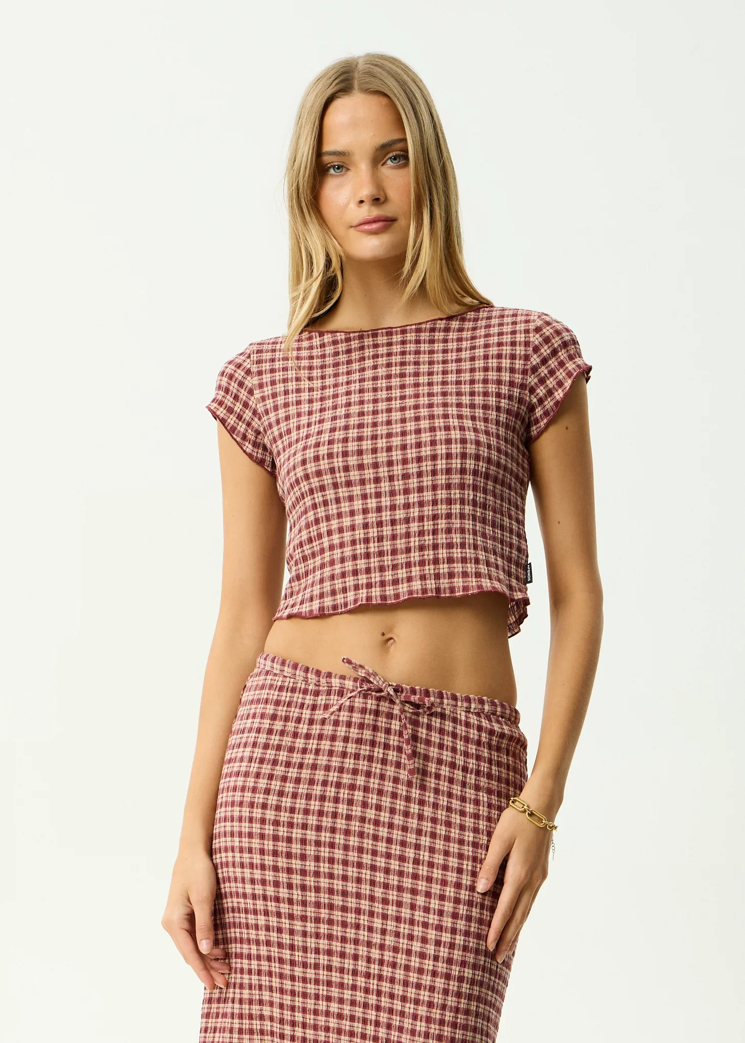 AFENDS Womens Capricorn Seersucker Top in Burgundy / Beige Check - Image 2
