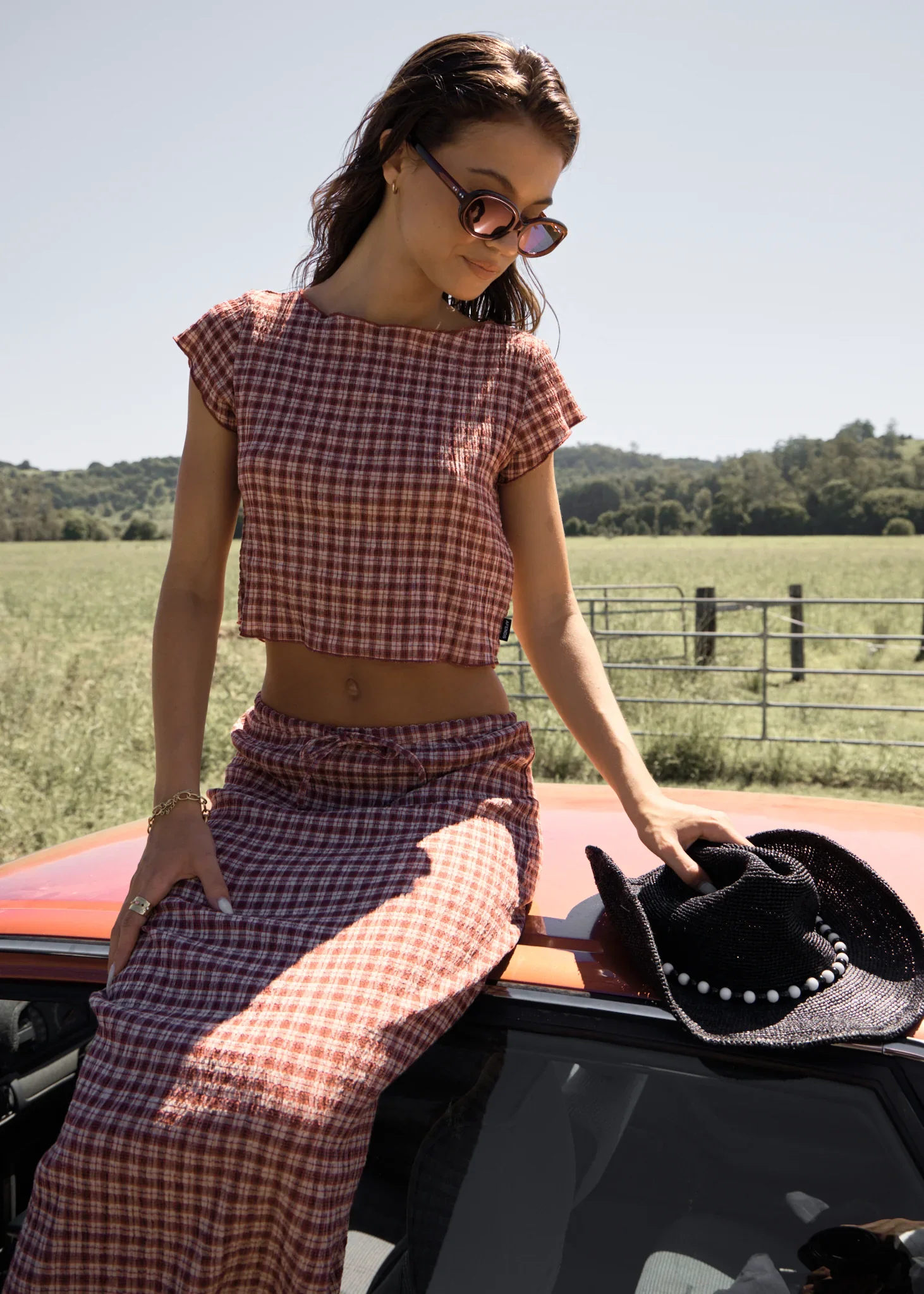 AFENDS Womens Capricorn Seersucker Top in Burgundy / Beige Check - Image 3
