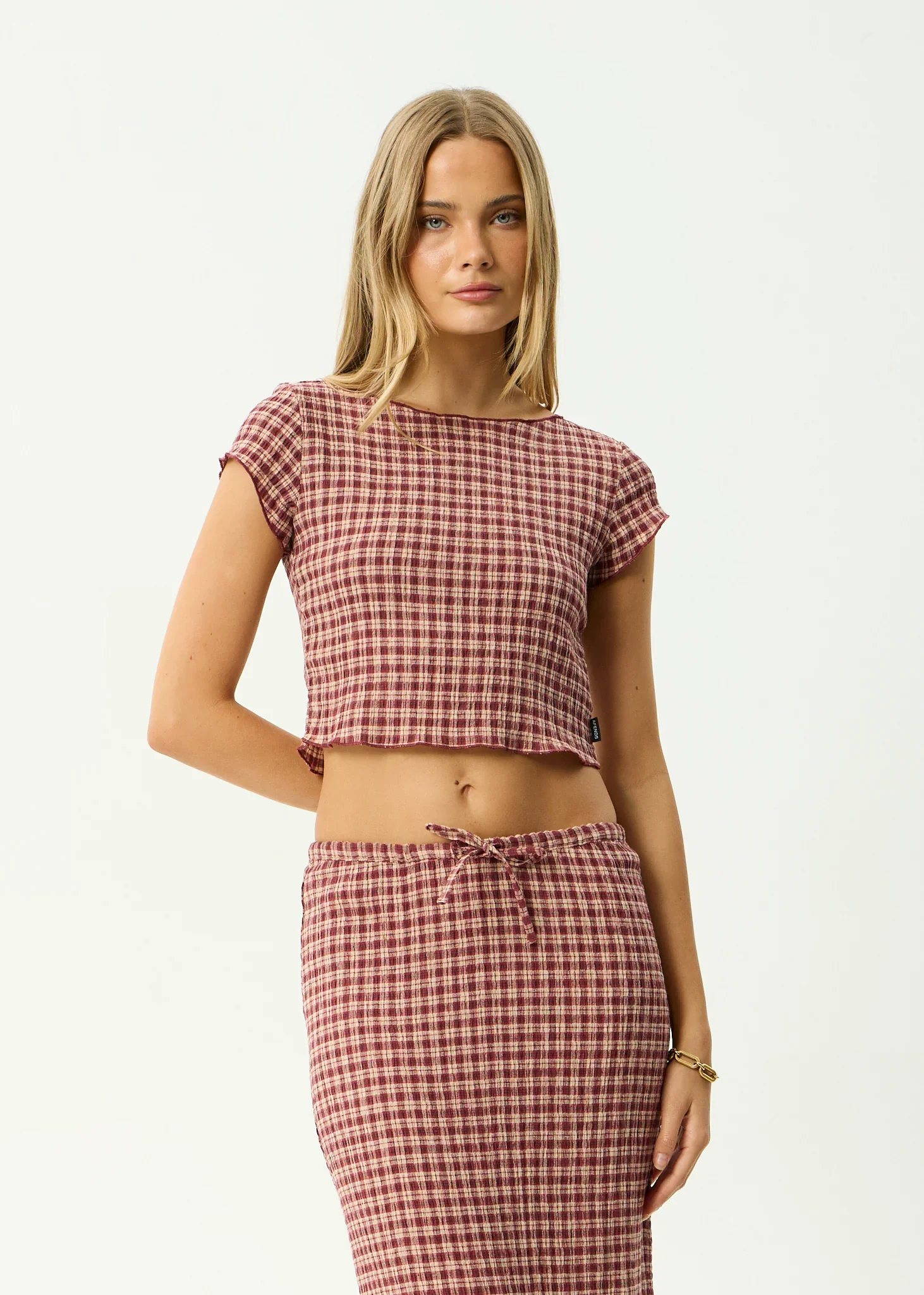 AFENDS Womens Capricorn Seersucker Top in Burgundy / Beige Check - Image 4
