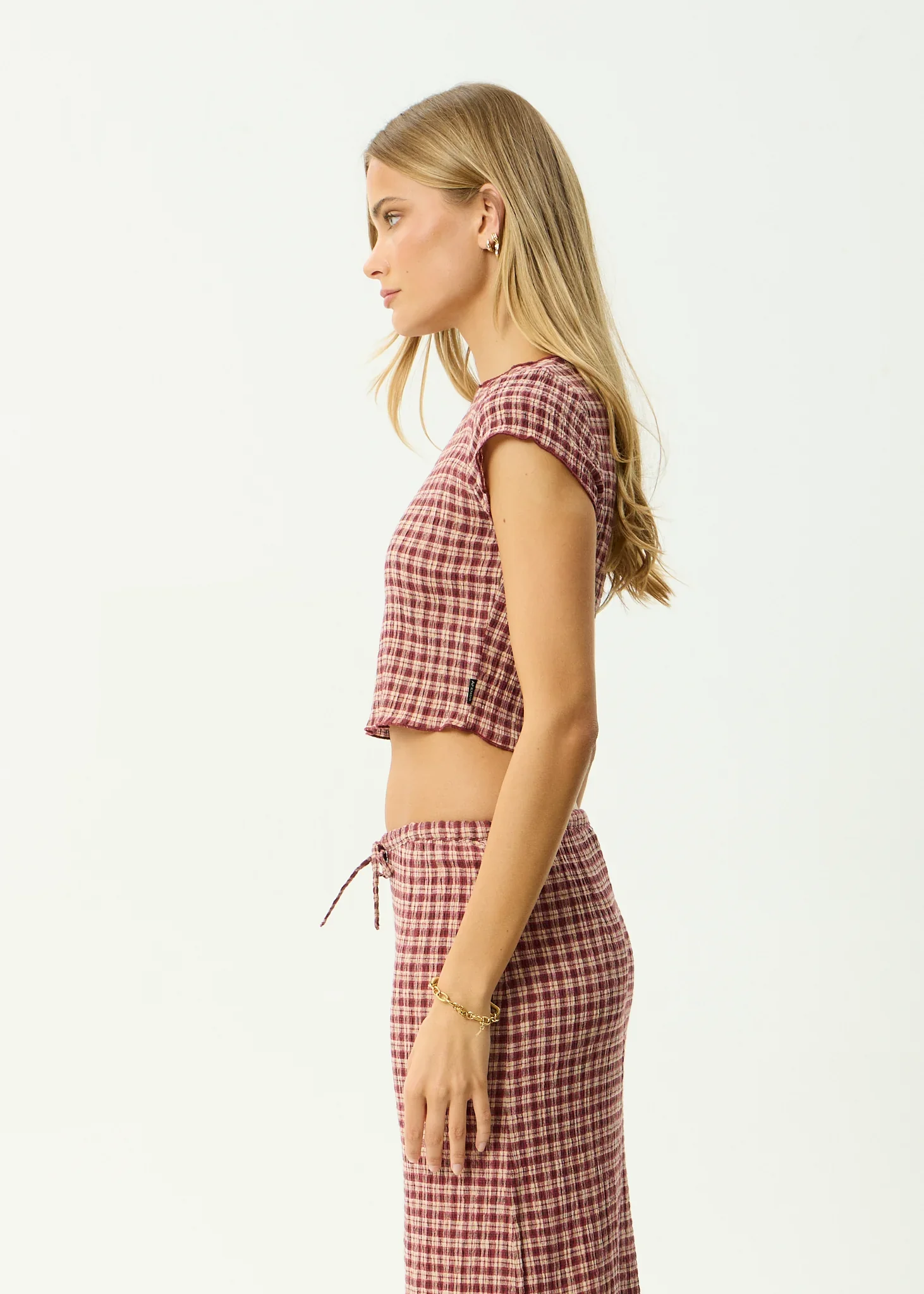 AFENDS Womens Capricorn Seersucker Top in Burgundy / Beige Check - Image 6