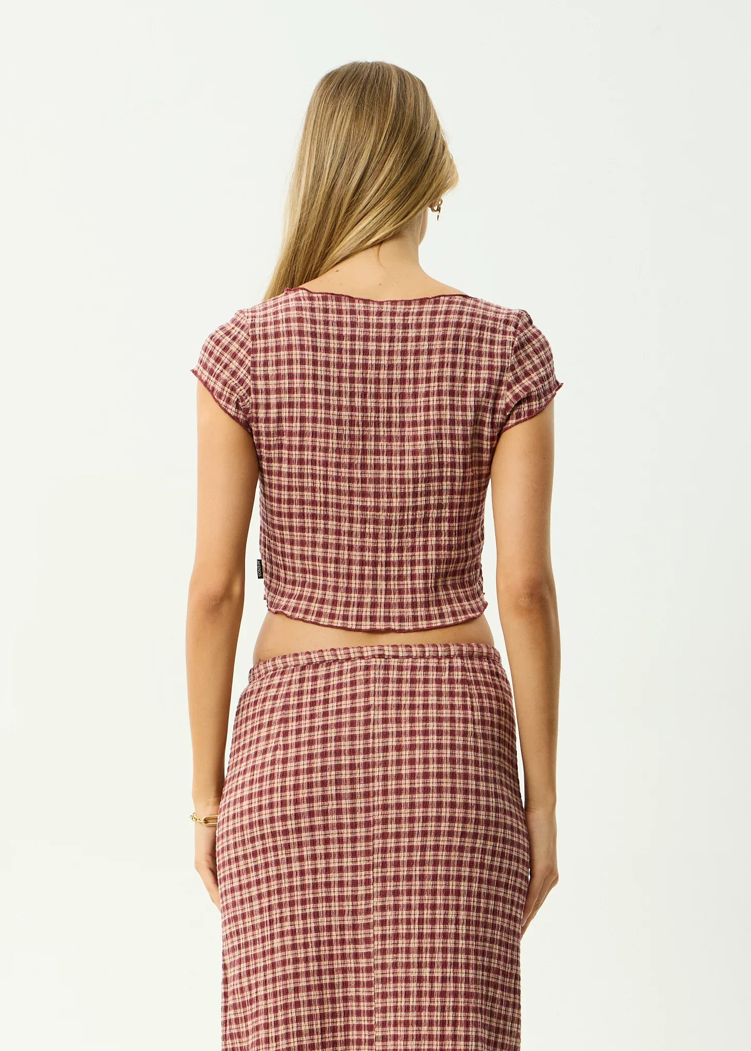 AFENDS Womens Capricorn Seersucker Top in Burgundy / Beige Check - Image 7