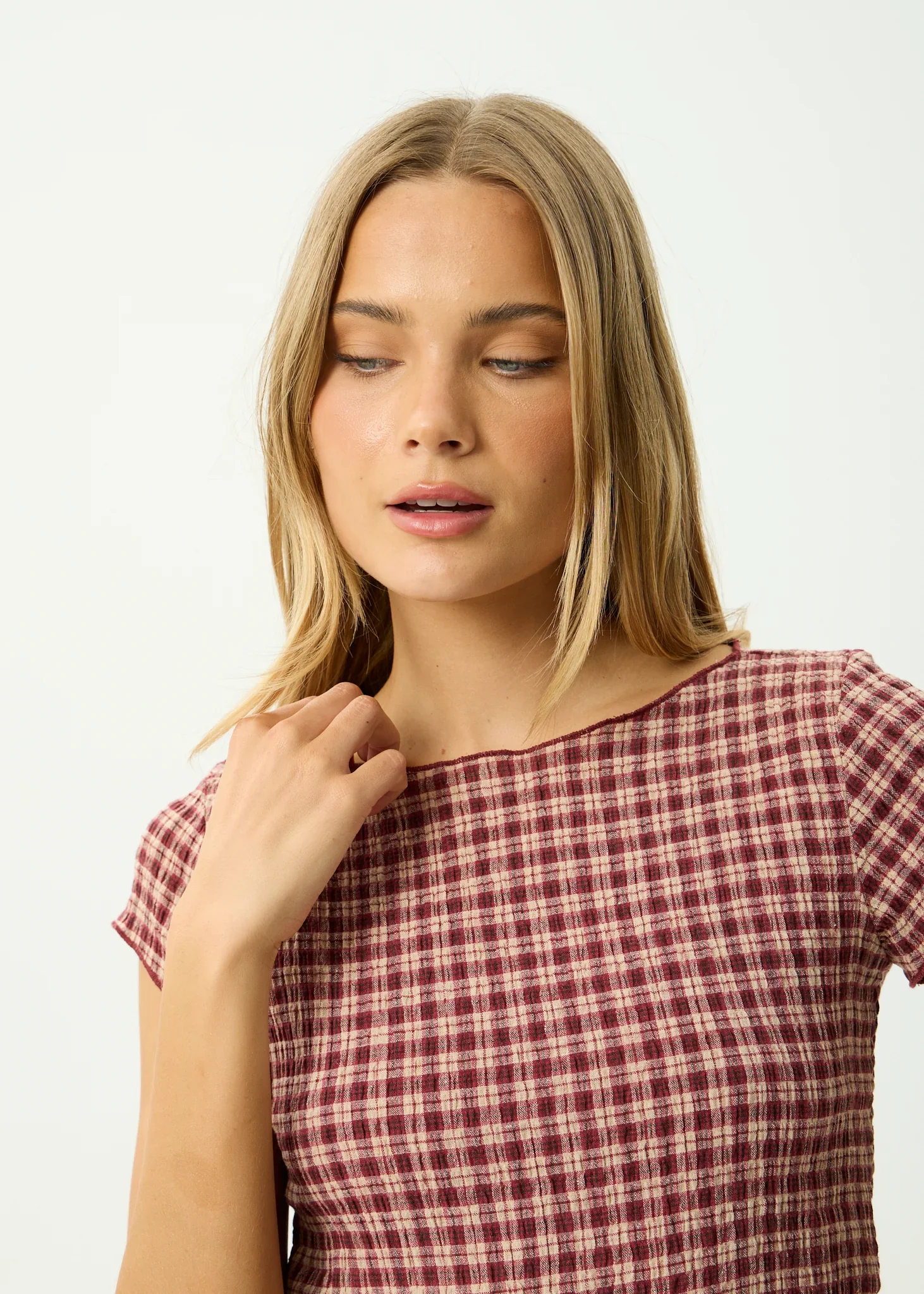 AFENDS Womens Capricorn Seersucker Top in Burgundy / Beige Check - Image 8