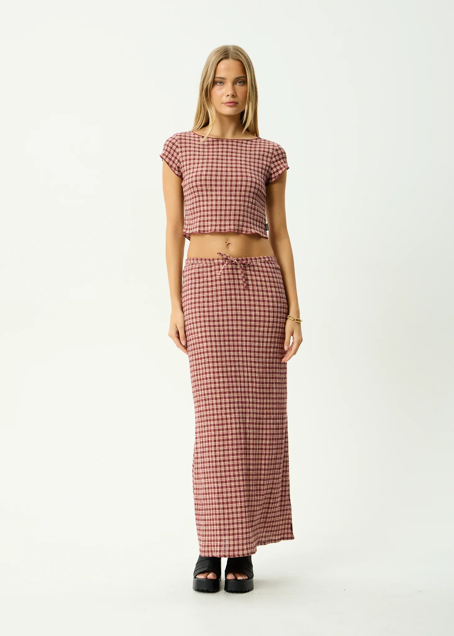 AFENDS Womens Capricorn Seersucker Top in Burgundy / Beige Check - Image 9