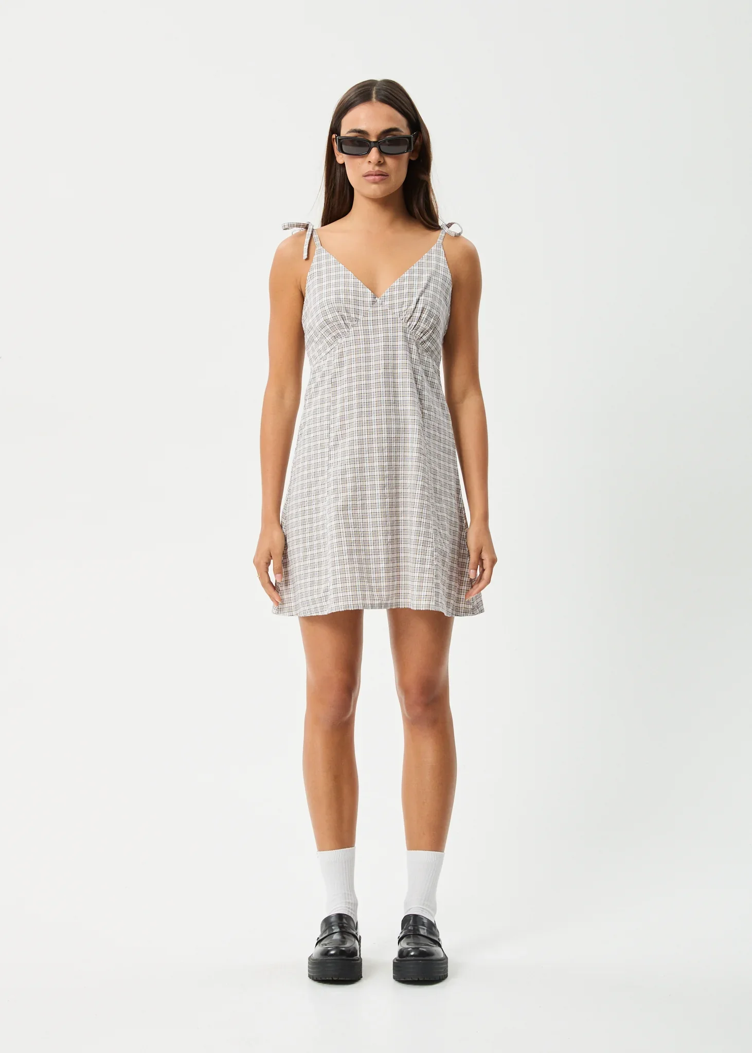 AFENDS Womens Drew - Seersucker Mini Dress - Taupe Check - Image 3