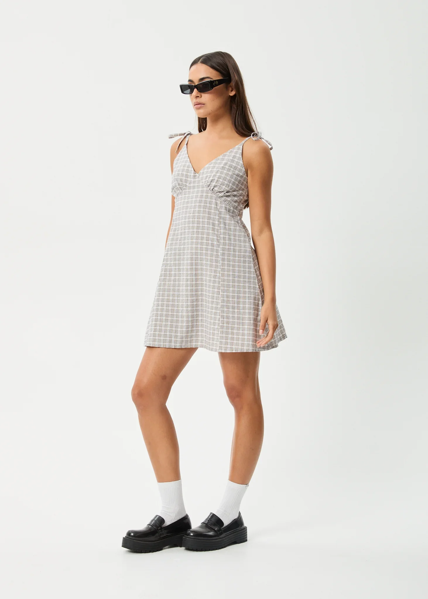 AFENDS Womens Drew - Seersucker Mini Dress - Taupe Check - Image 4