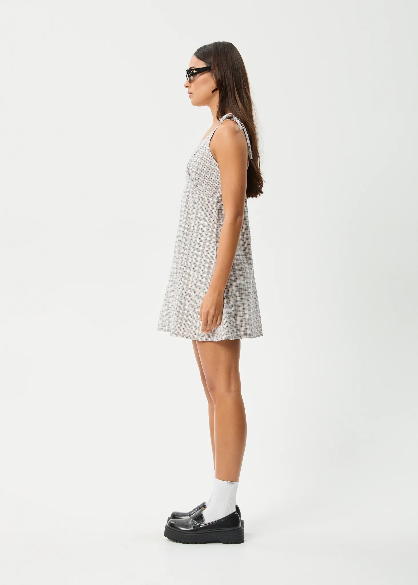 AFENDS Womens Drew - Seersucker Mini Dress - Taupe Check - Image 5