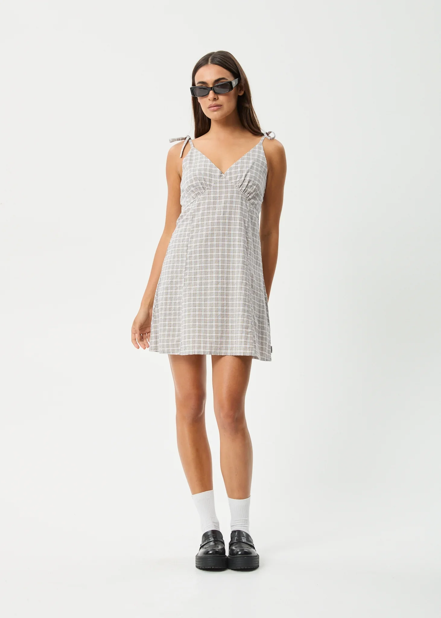 AFENDS Womens Drew - Seersucker Mini Dress - Taupe Check - Image 8