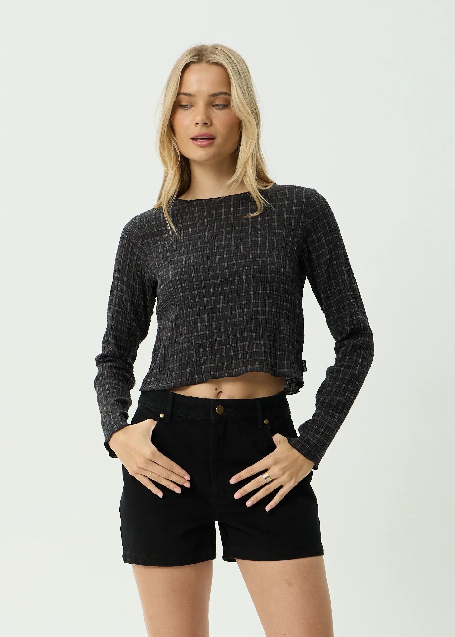AFENDS Womens Dusk Focus Seersucker Long Sleeve Top in Black Check - Image 2