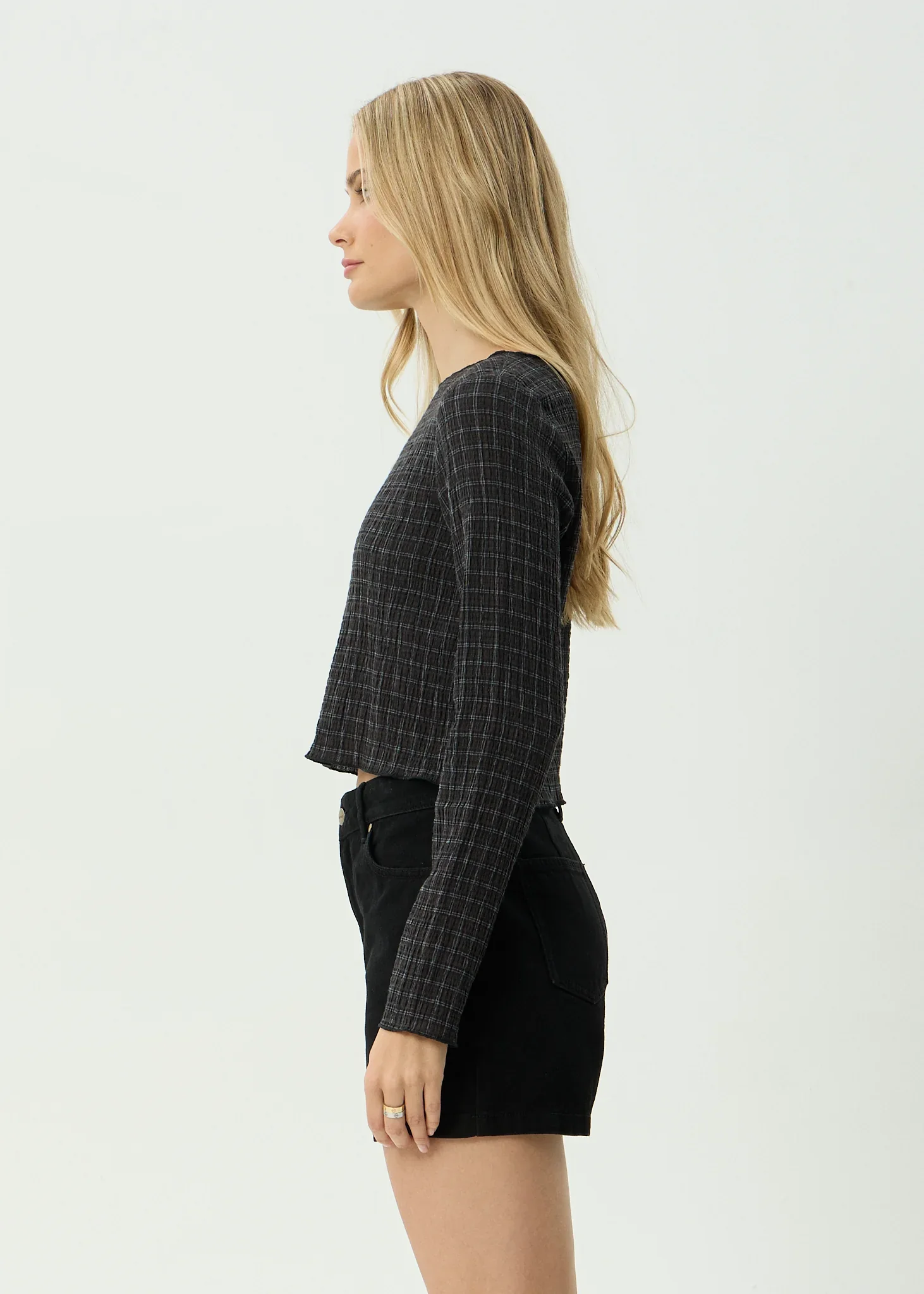 AFENDS Womens Dusk Focus Seersucker Long Sleeve Top in Black Check - Image 5