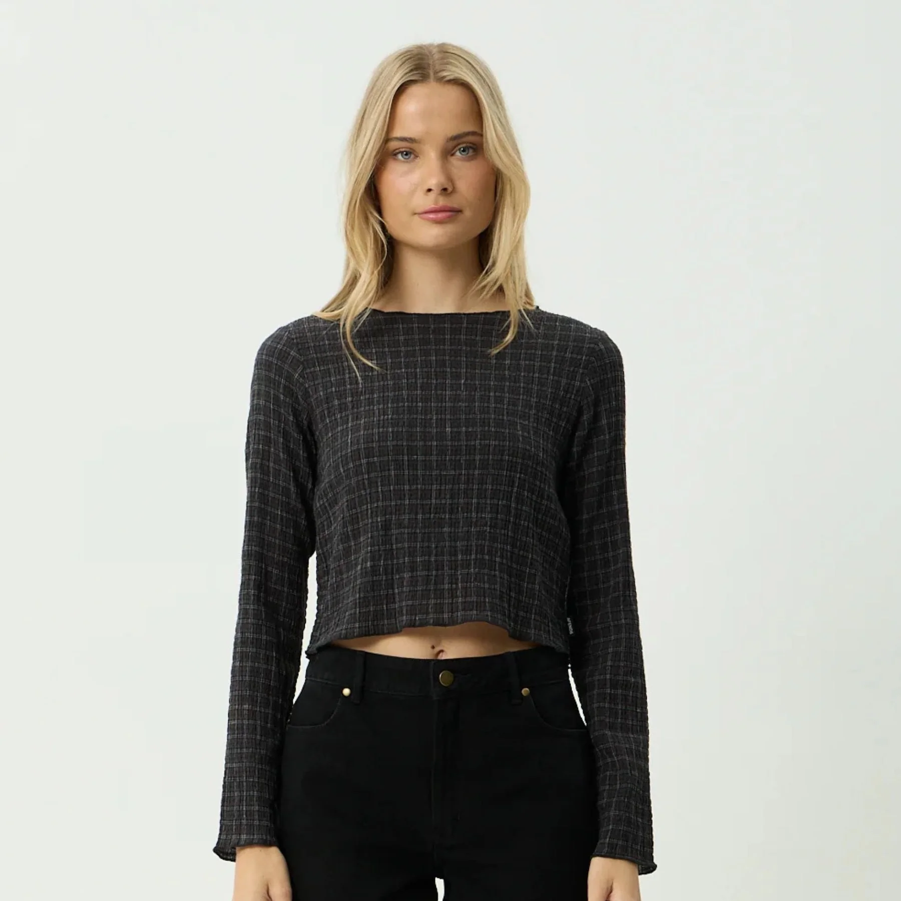 AFENDS Womens Dusk Focus Seersucker Long Sleeve Top in Black Check - Image 9