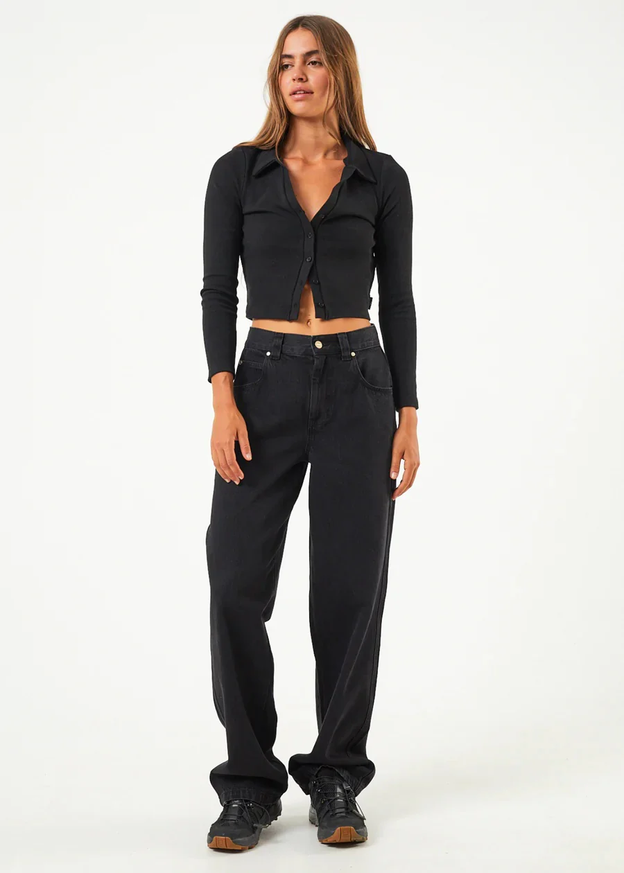 AFENDS Womens Eliza - Hemp Ribbed Long Sleeve Shirt - Black - Image 4