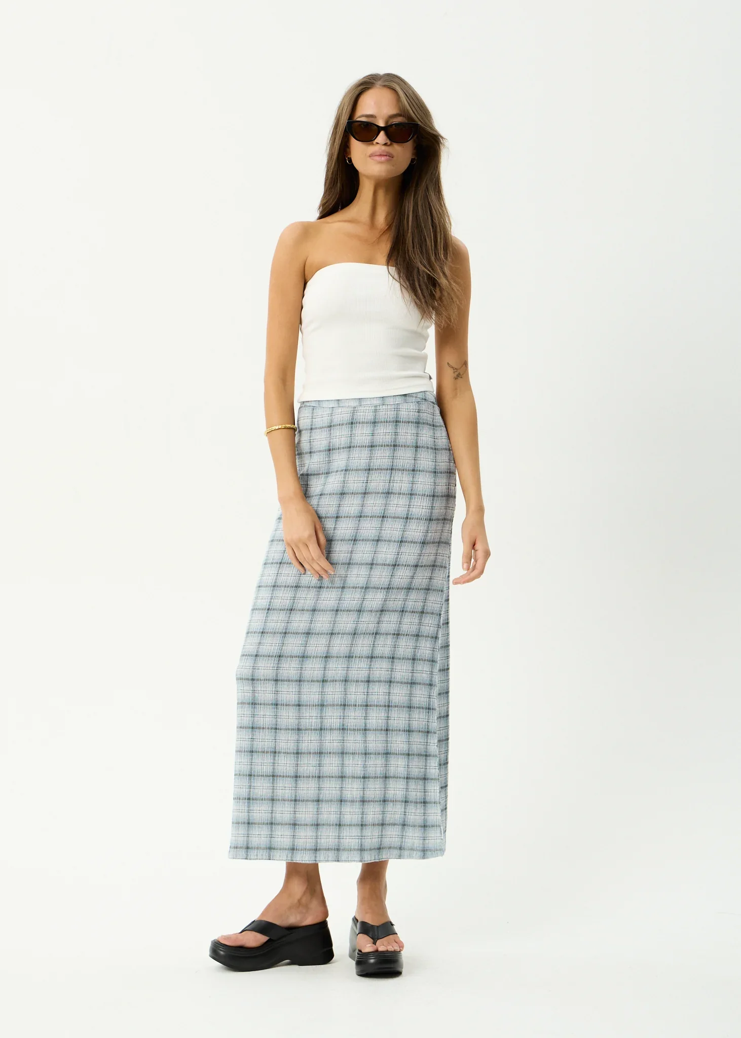 AFENDS Womens Lagoon Seersucker Maxi Skirt in Overcast Check - Image 3