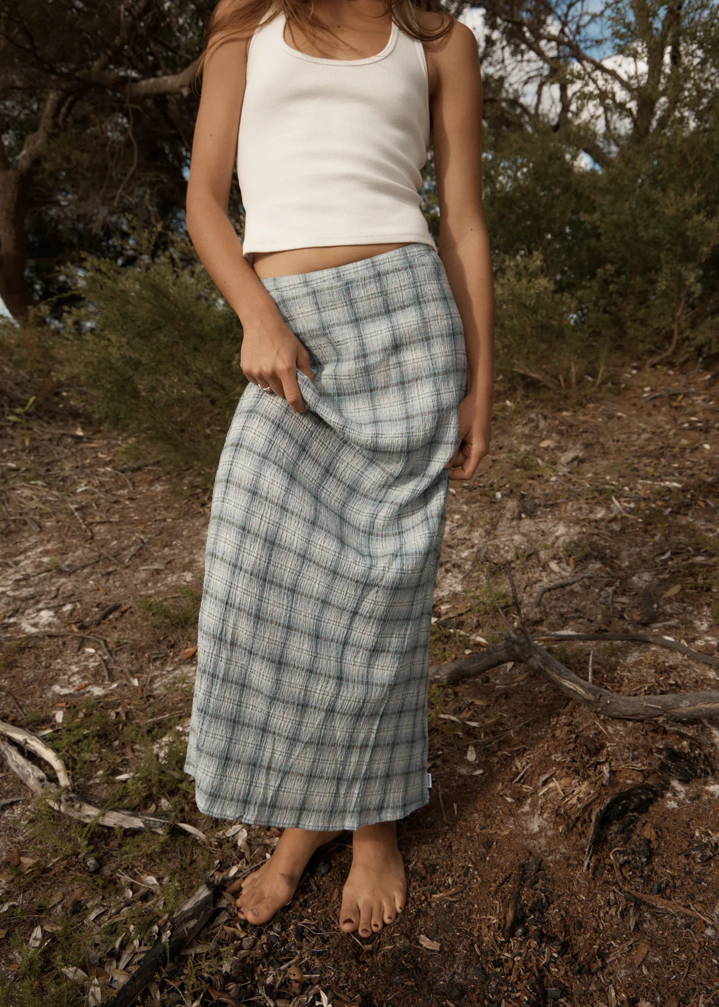 AFENDS Womens Lagoon Seersucker Maxi Skirt in Overcast Check - Image 8