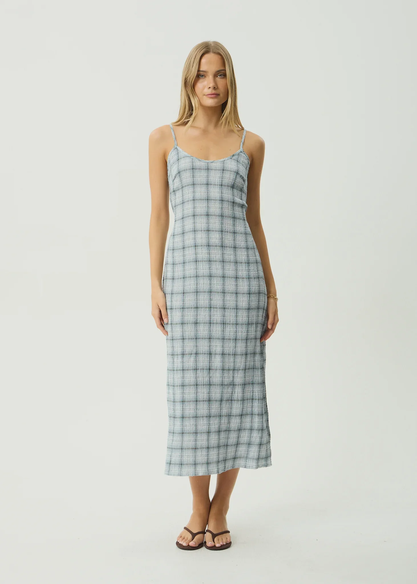 AFENDS Womens Lagoon Seersucker Midi Dress in Overcast Check