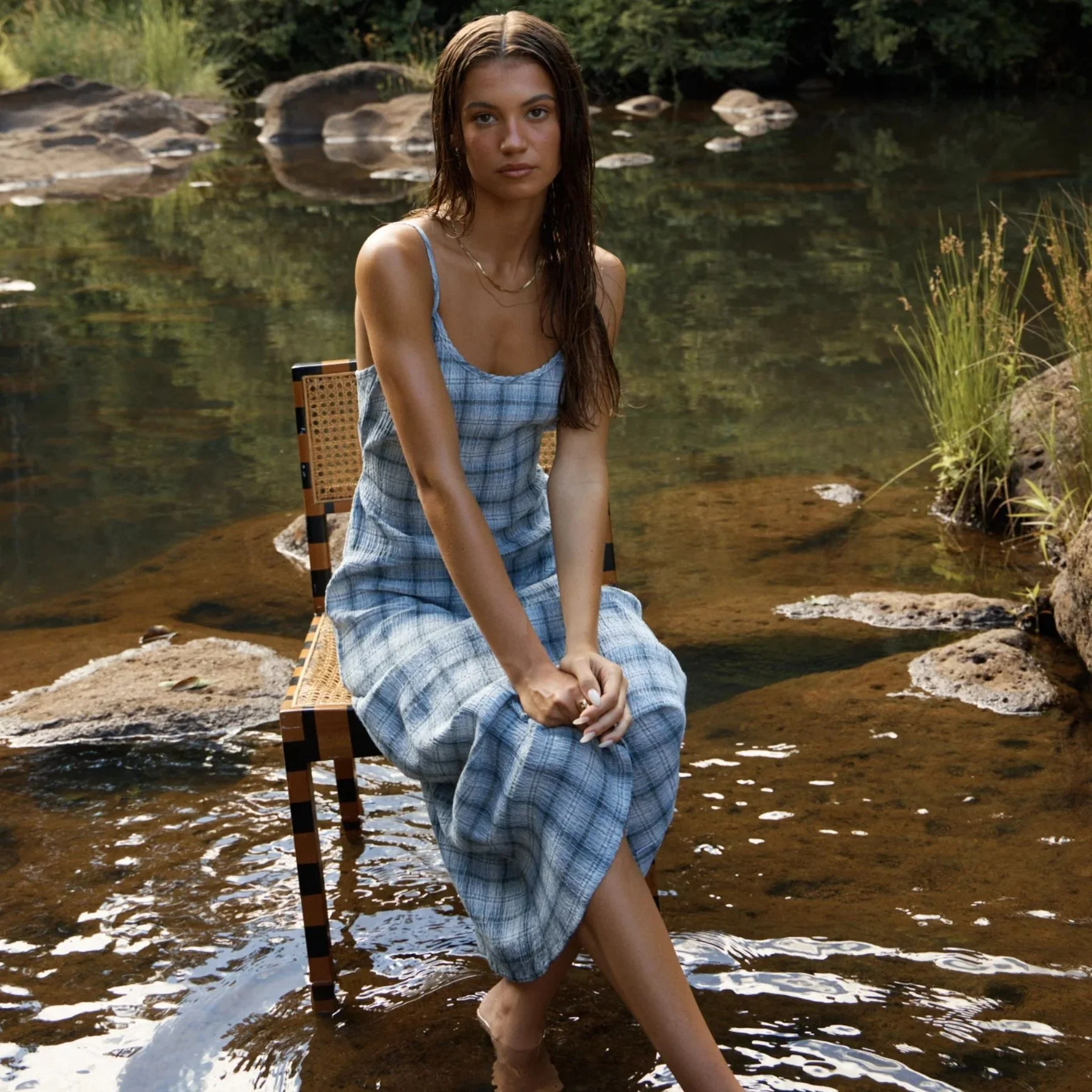 AFENDS Womens Lagoon Seersucker Midi Dress in Overcast Check - Image 8