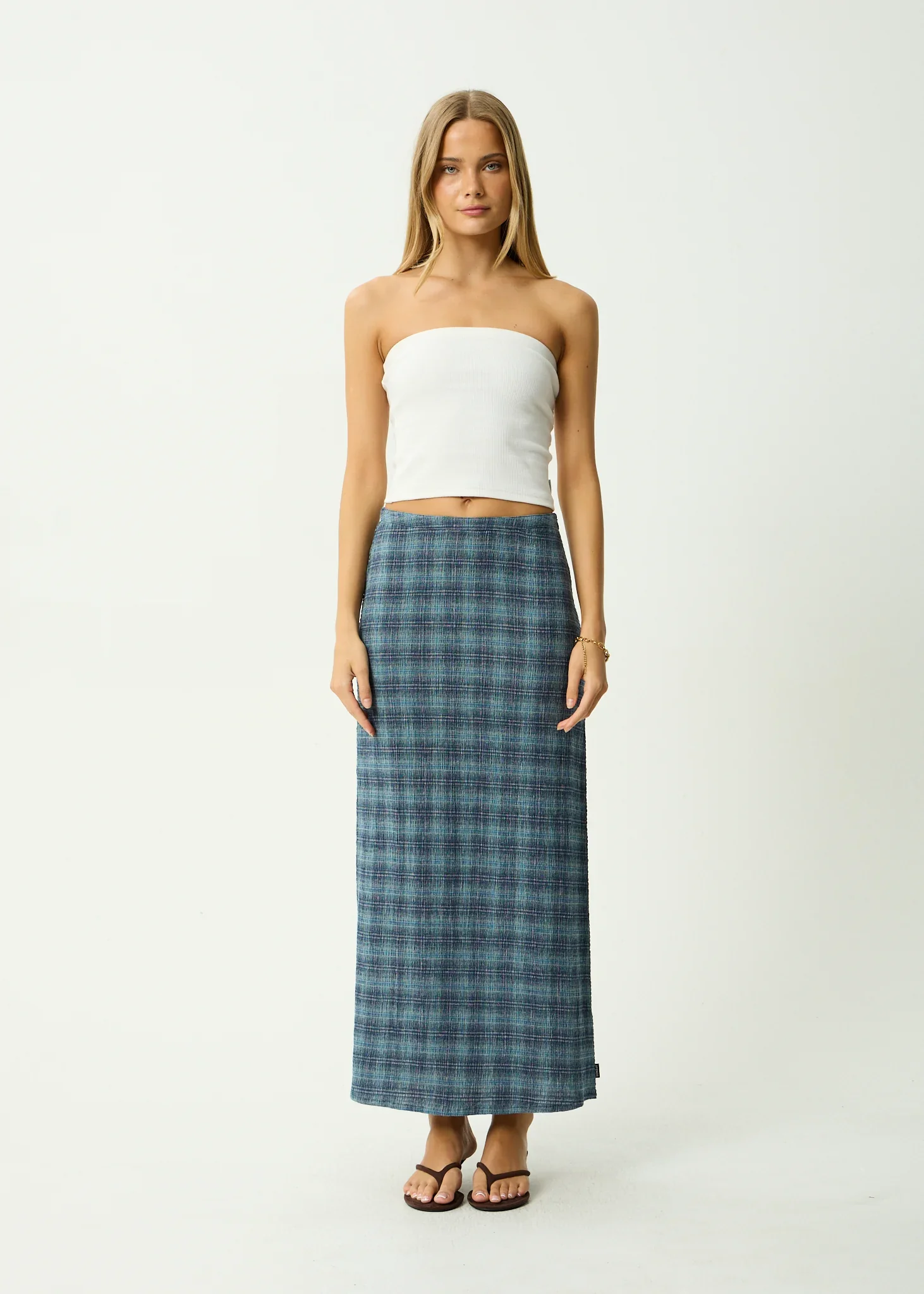 AFENDS Womens Position Seersucker Maxi Skirt in Navy Check - Image 2