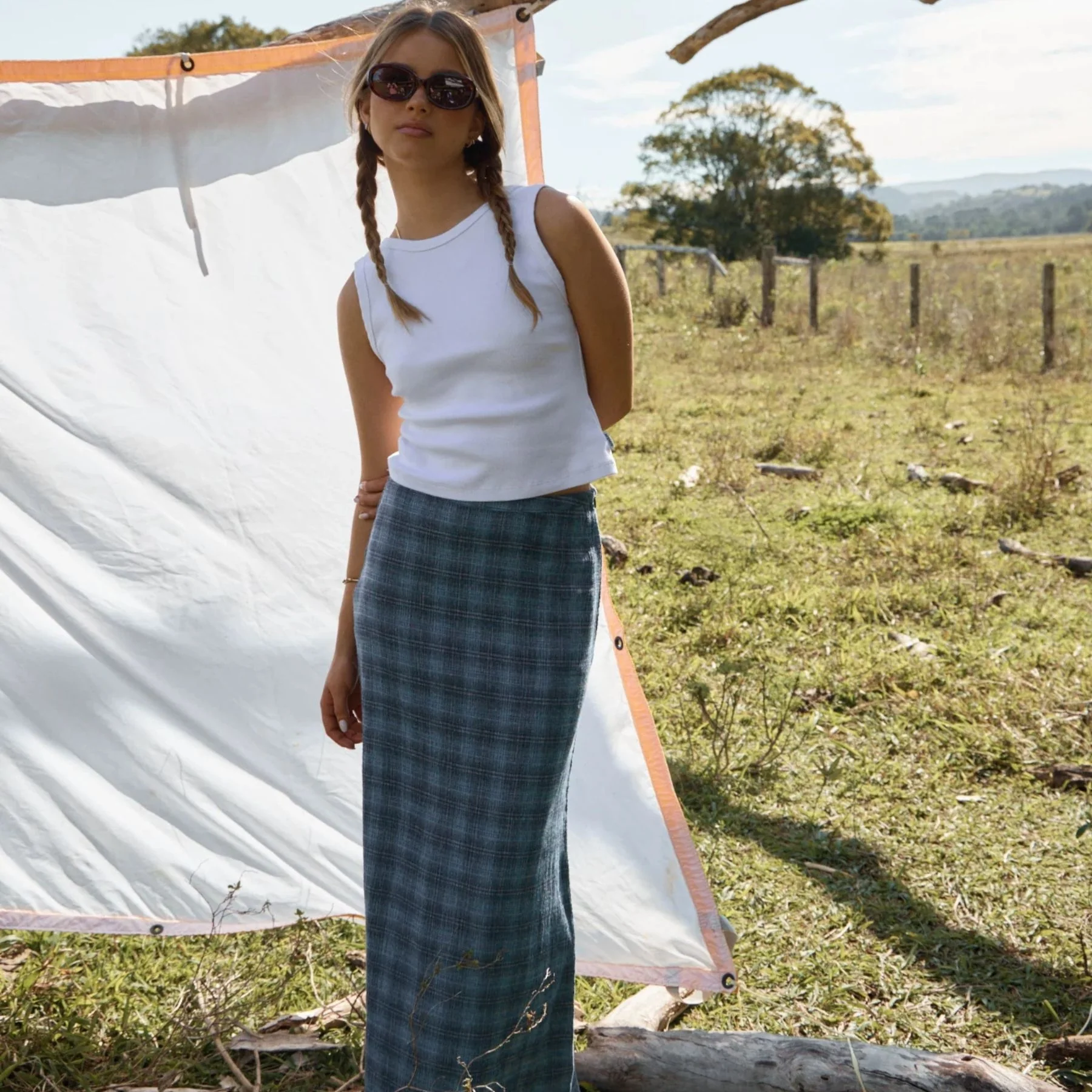AFENDS Womens Position Seersucker Maxi Skirt in Navy Check - Image 5