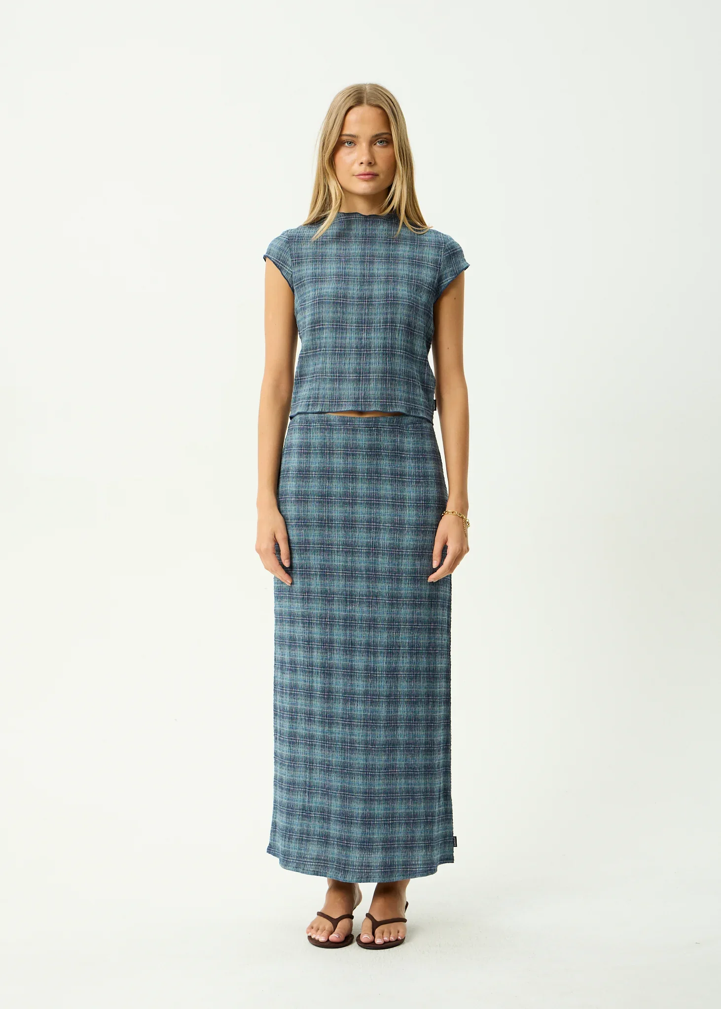 AFENDS Womens Position Seersucker Maxi Skirt in Navy Check - Image 9