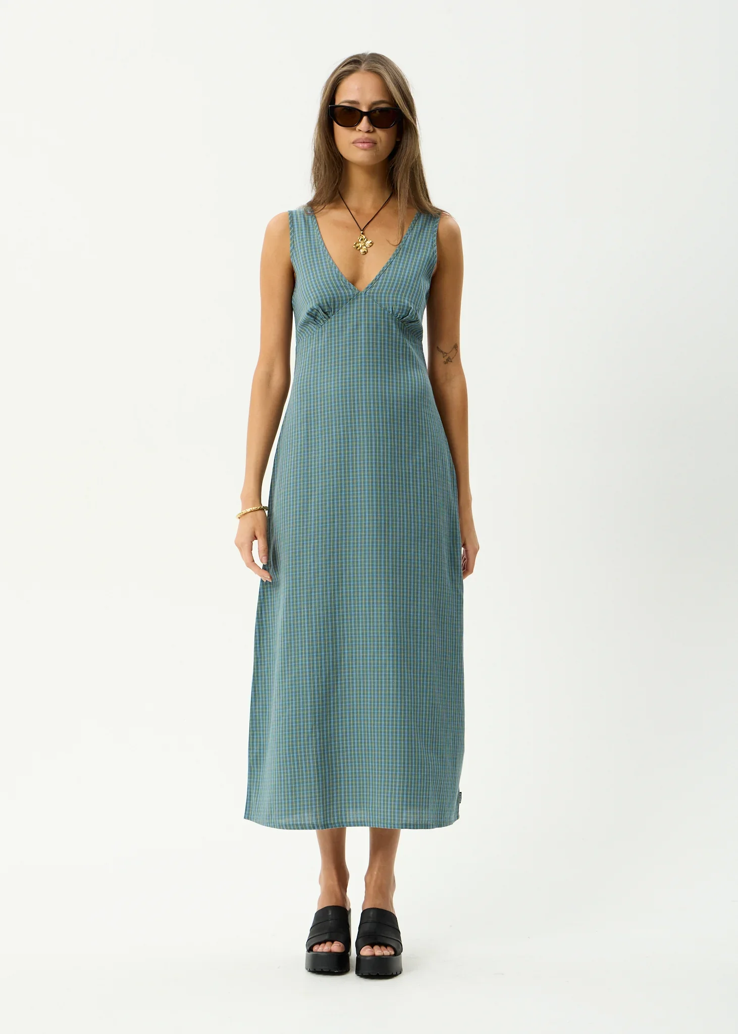 AFENDS Womens Voyager Maxi Dress in Deep Olive Check - Image 2