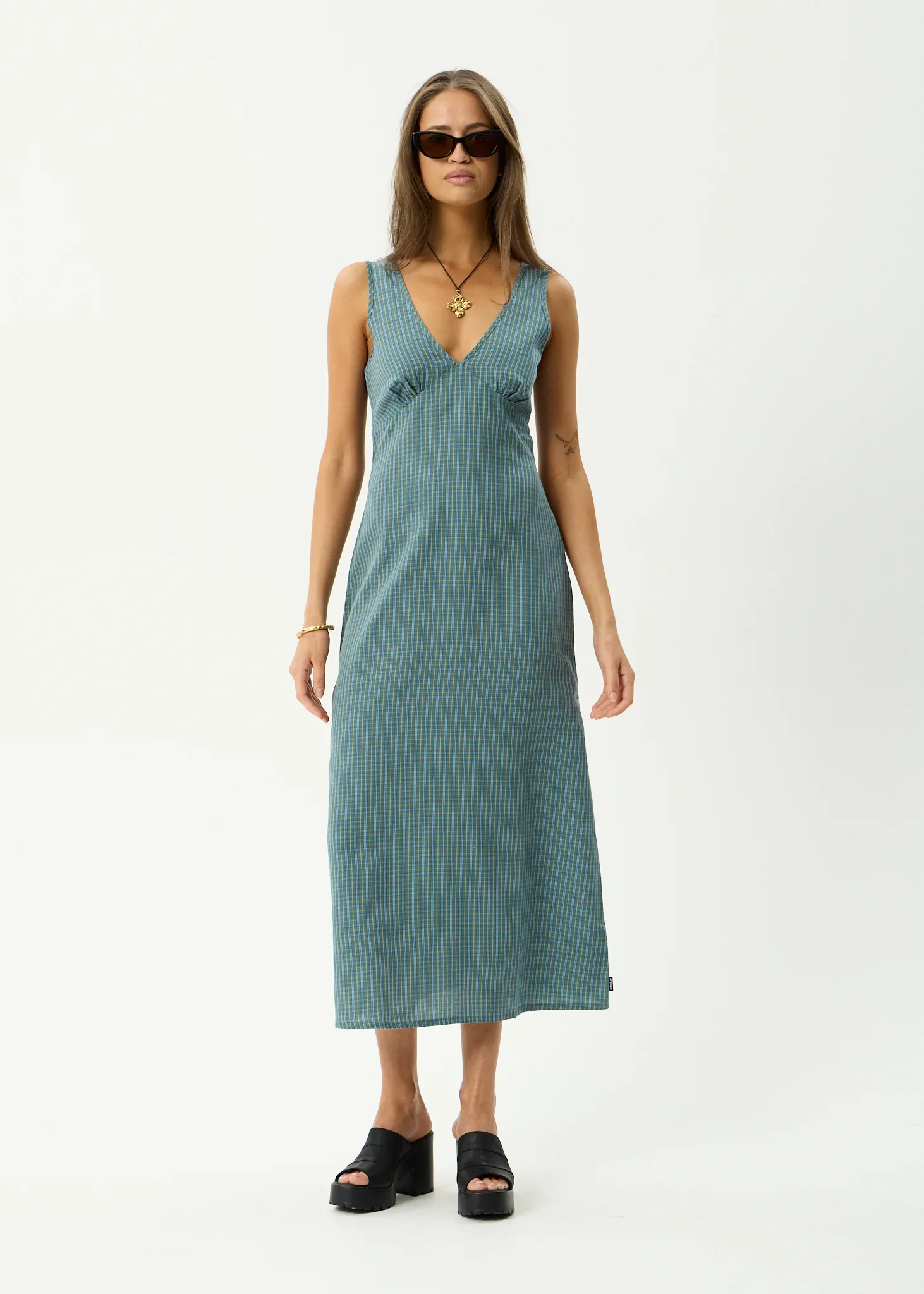 AFENDS Womens Voyager Maxi Dress in Deep Olive Check - Image 3