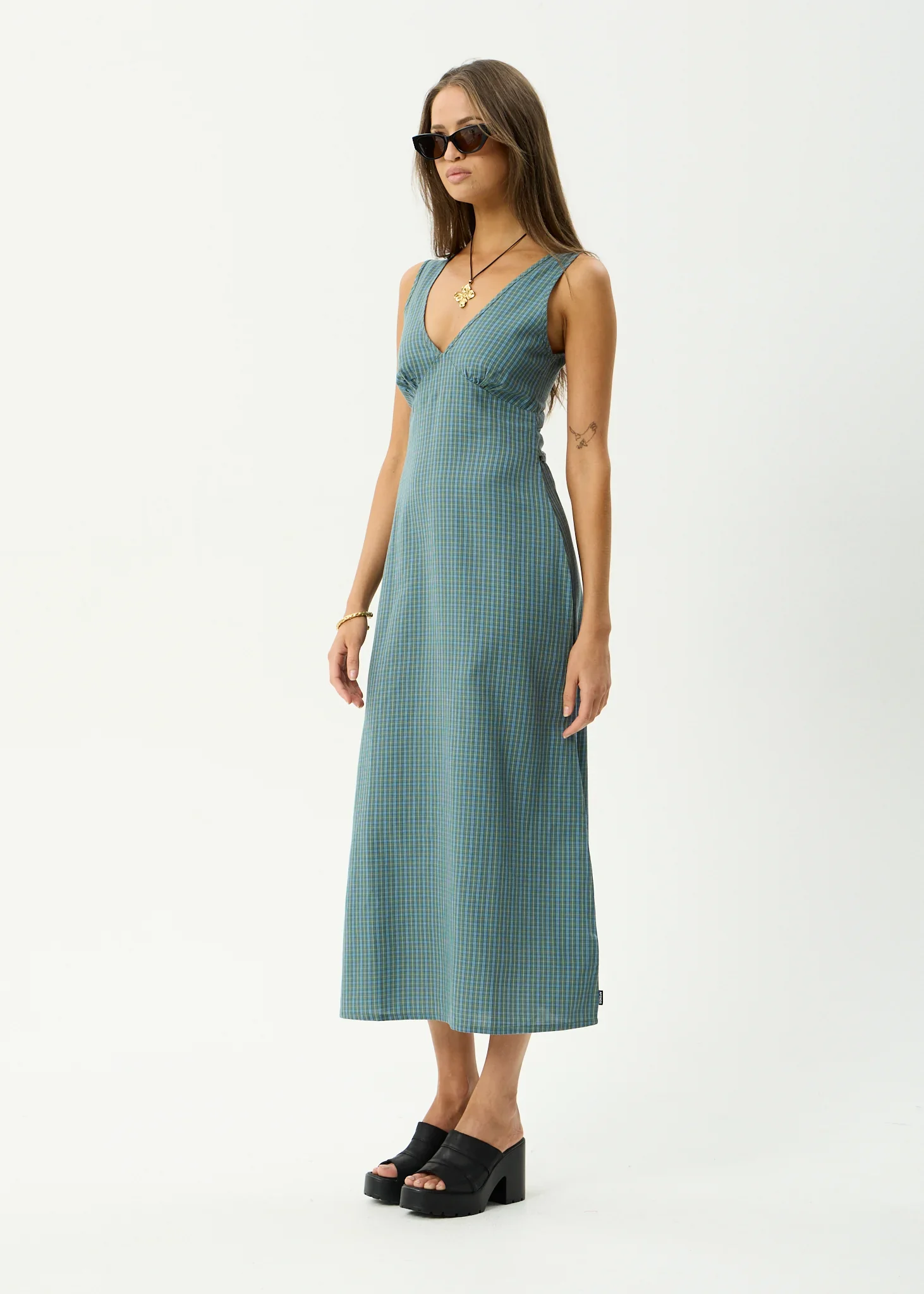 AFENDS Womens Voyager Maxi Dress in Deep Olive Check - Image 4