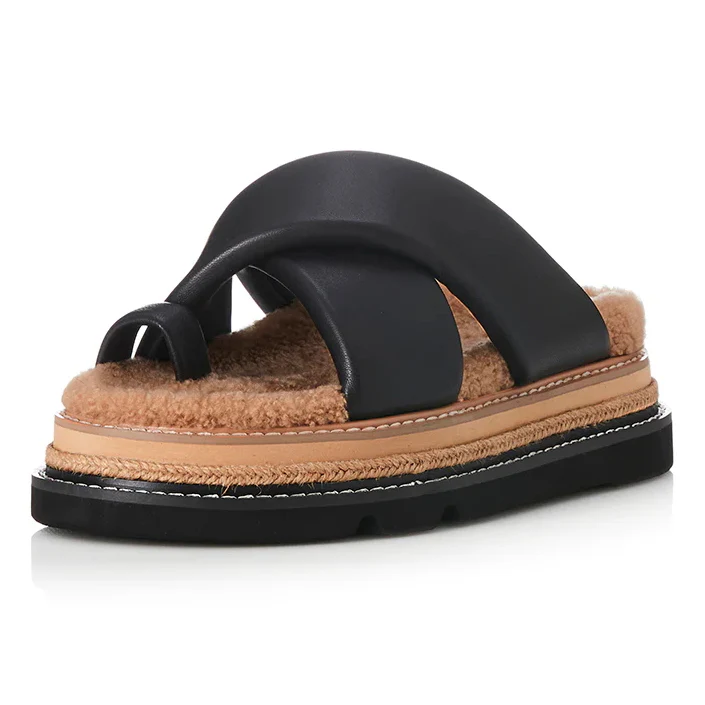 ALIAS MAE Womens Venga Leather Sandals - Black Leather / Shearling - Image 6