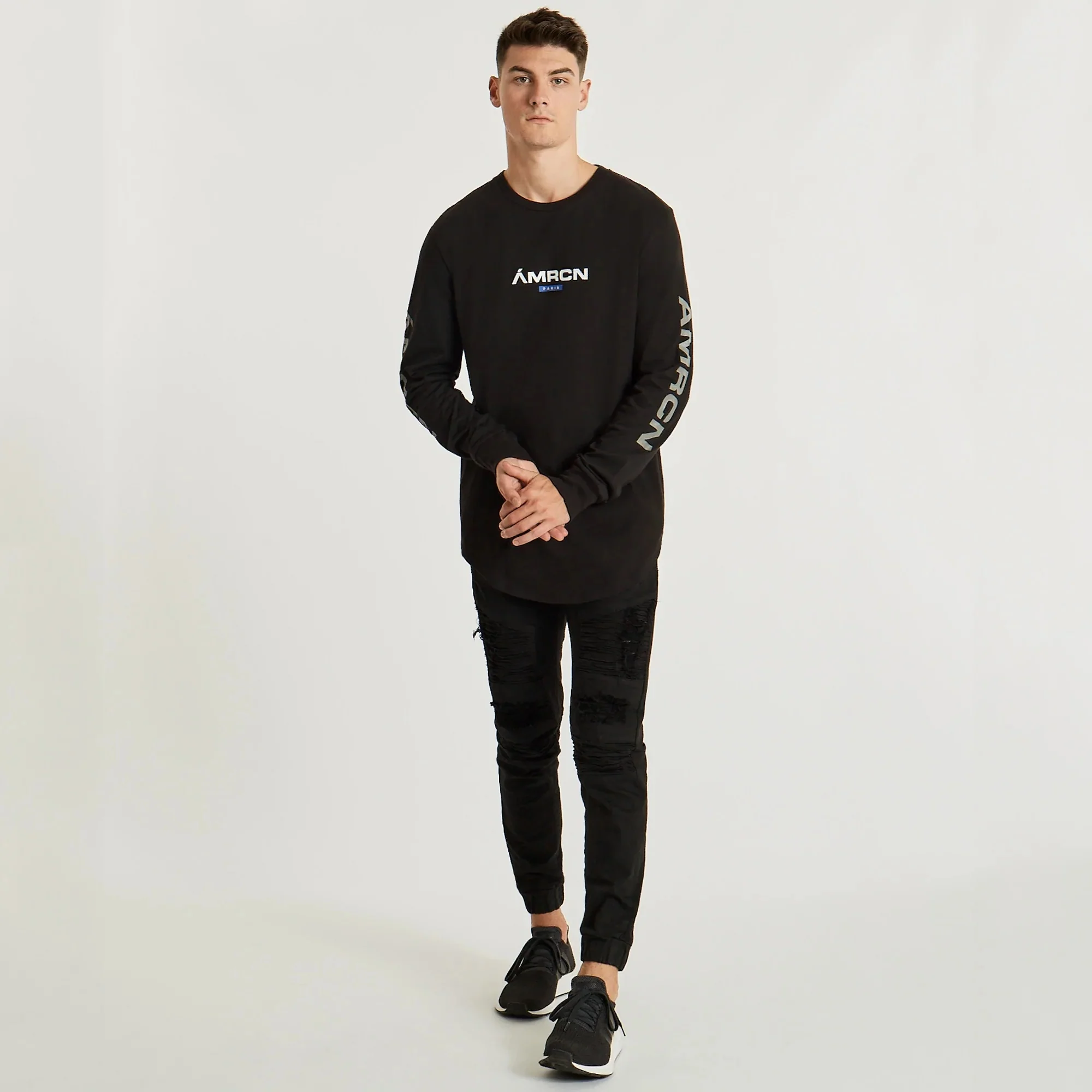 AMERICAIN Mens Cicatrice Dual Curved Long Sleeve Tee Shirt Jet Black - Image 4