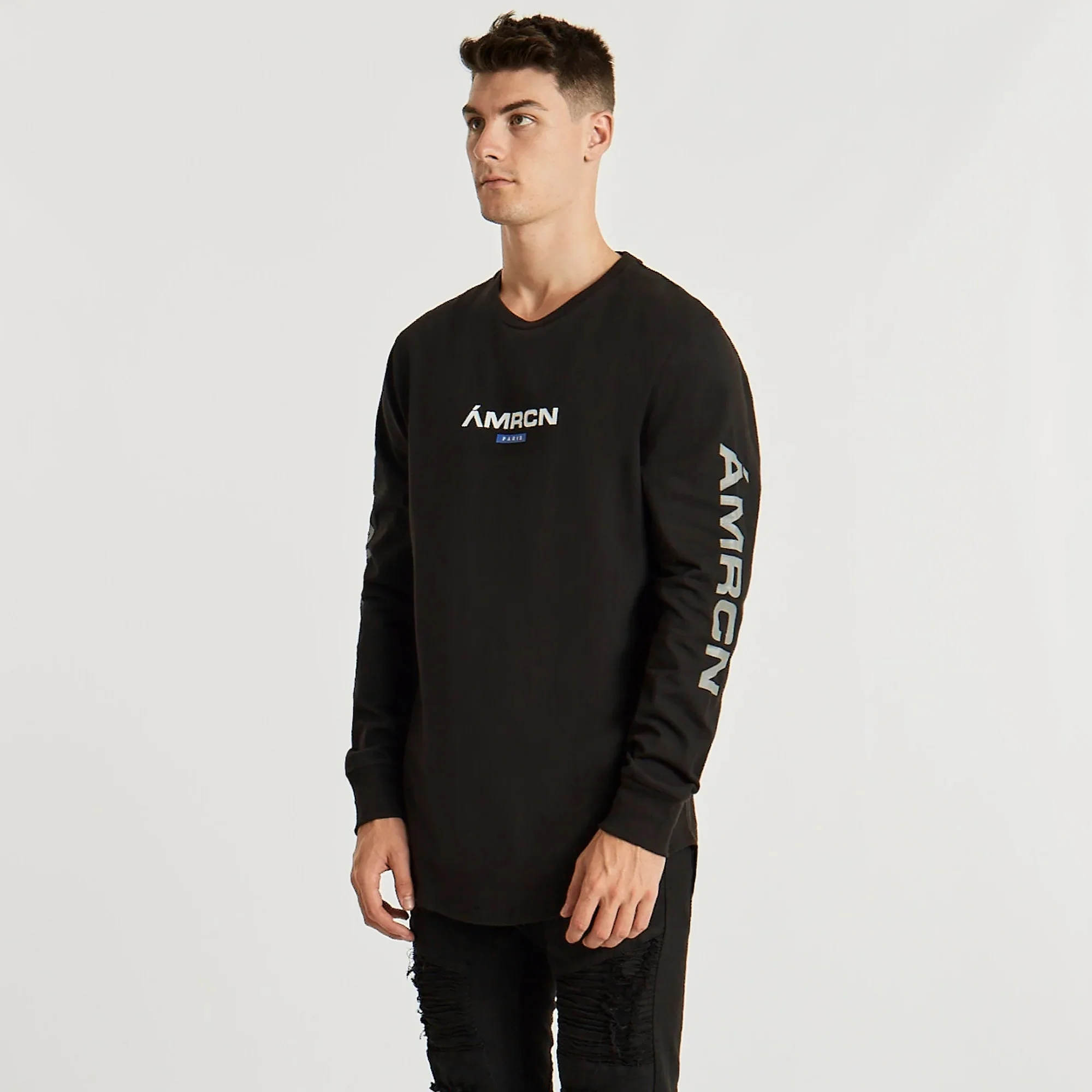 AMERICAIN Mens Cicatrice Dual Curved Long Sleeve Tee Shirt Jet Black - Image 6