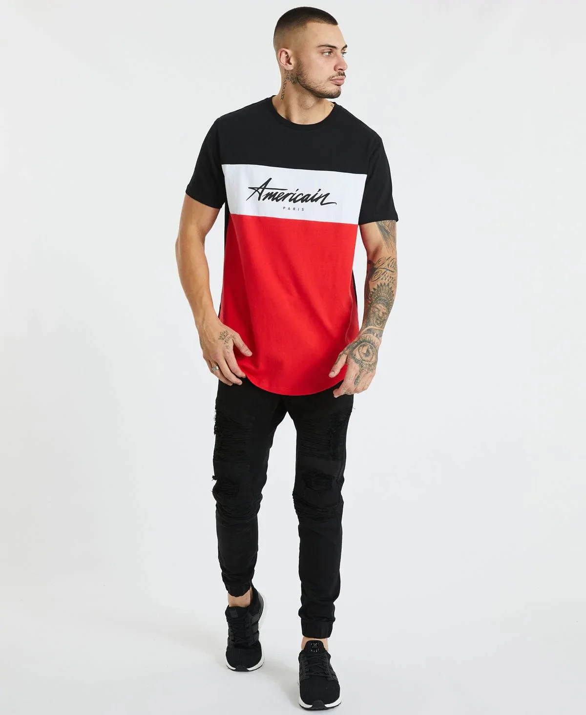 AMERICAIN Mens Dorset Dual Curved Hem Tee Shirt Black White Red - Image 4