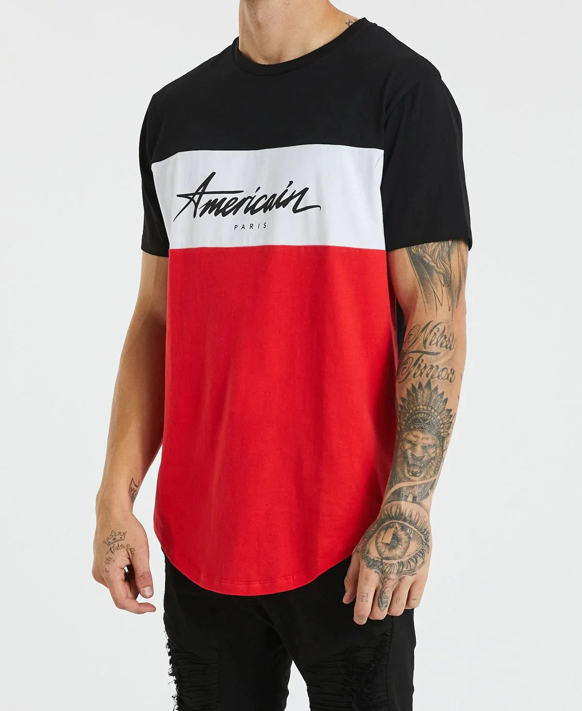AMERICAIN Mens Dorset Dual Curved Hem Tee Shirt Black White Red - Image 5