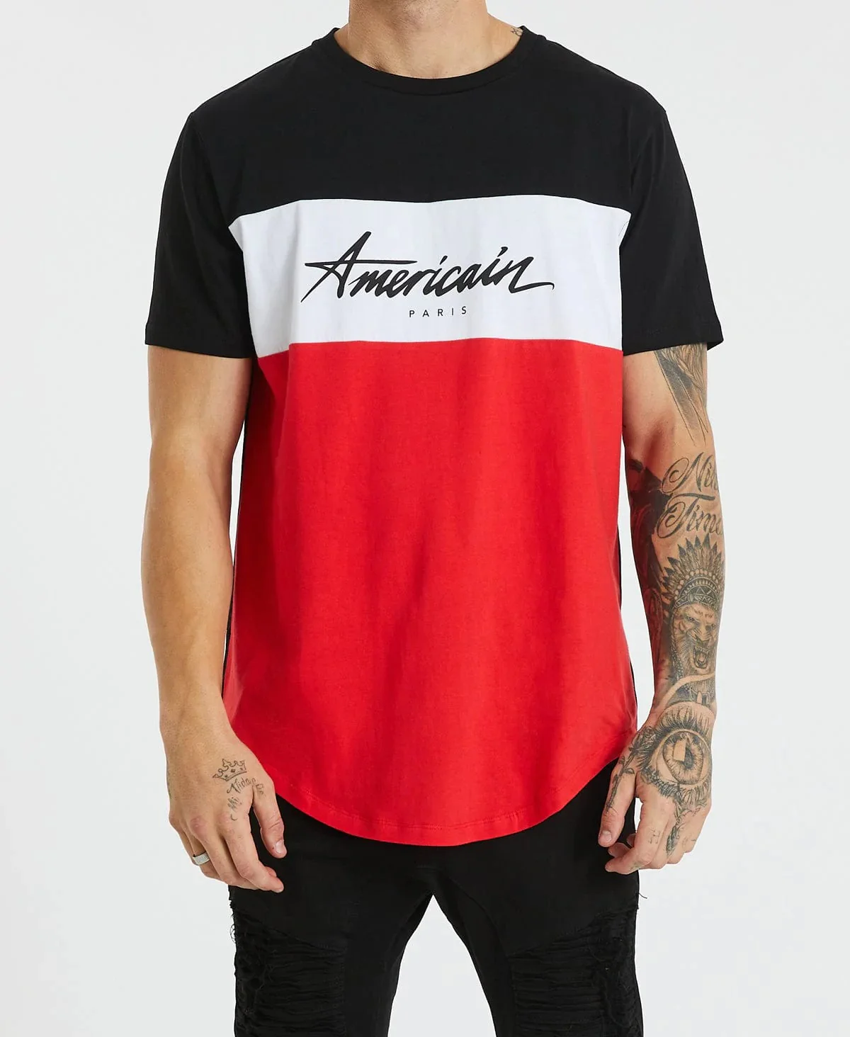 AMERICAIN Mens Dorset Dual Curved Hem Tee Shirt Black White Red - Image 7