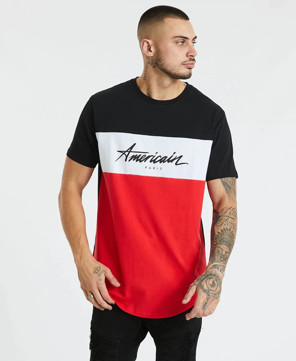 AMERICAIN Mens Dorset Dual Curved Hem Tee Shirt Black White Red - Image 8