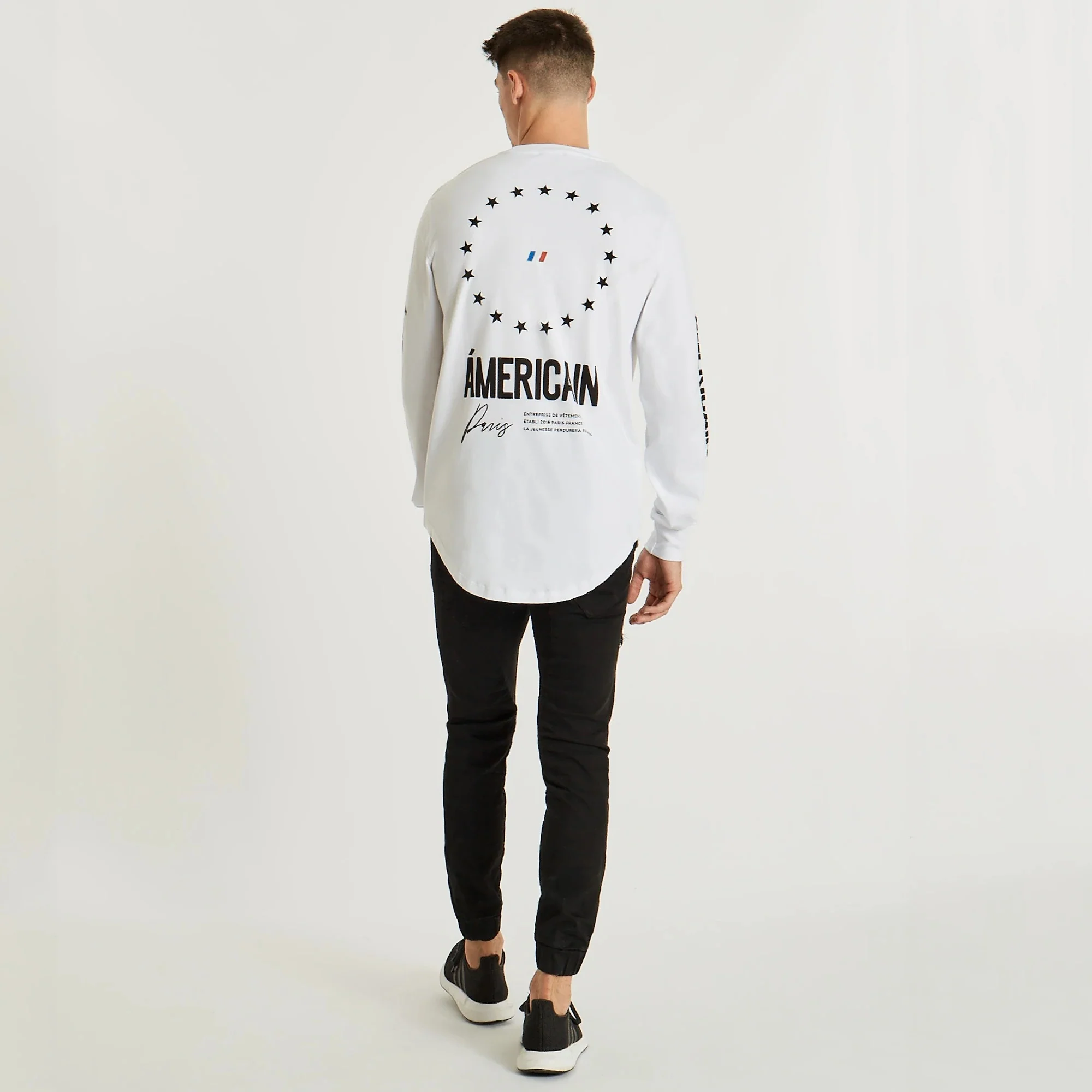 AMERICAIN Mens Etroit Dual Curved Hem Long Sleeve Tee Shirt White - Image 3