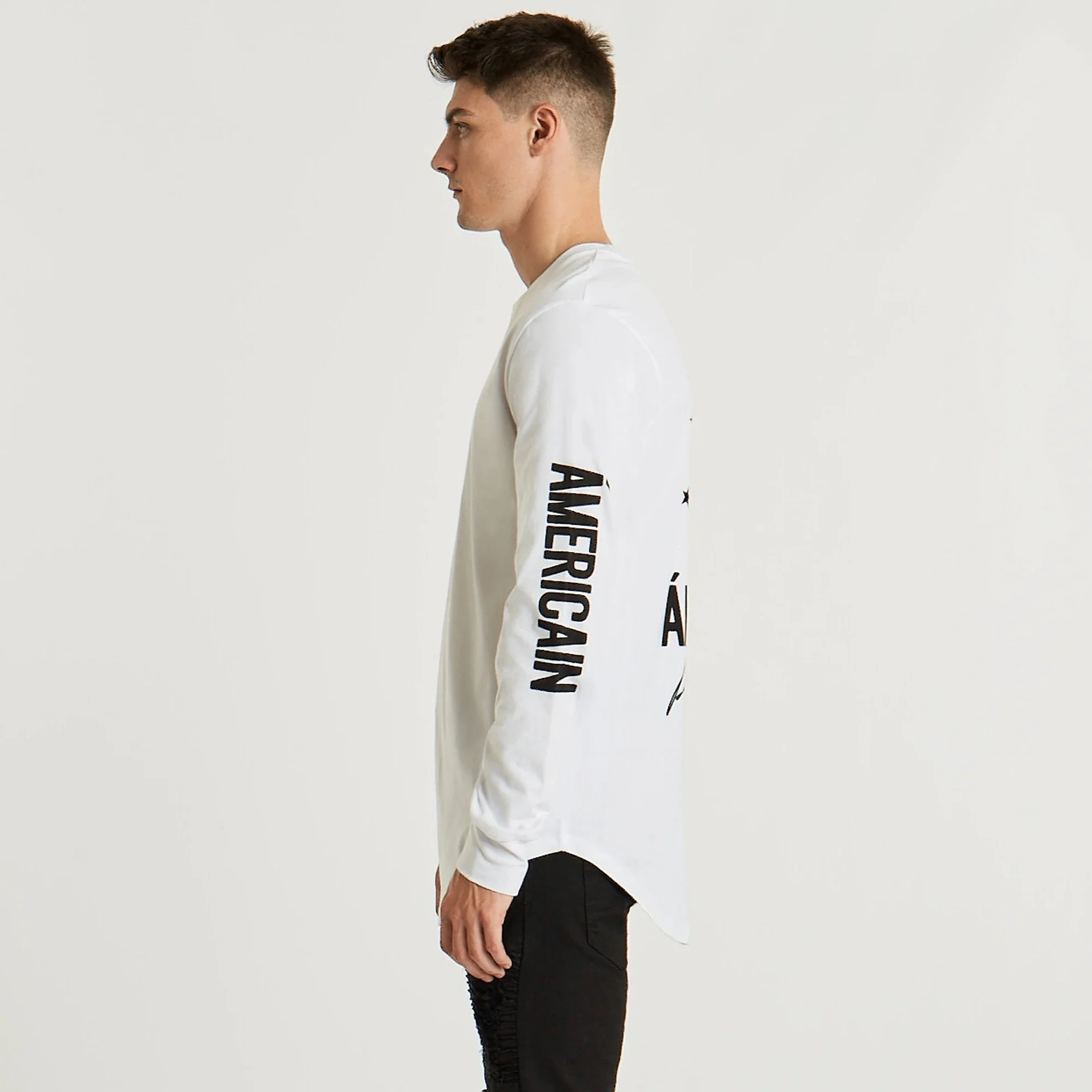 AMERICAIN Mens Etroit Dual Curved Hem Long Sleeve Tee Shirt White - Image 5