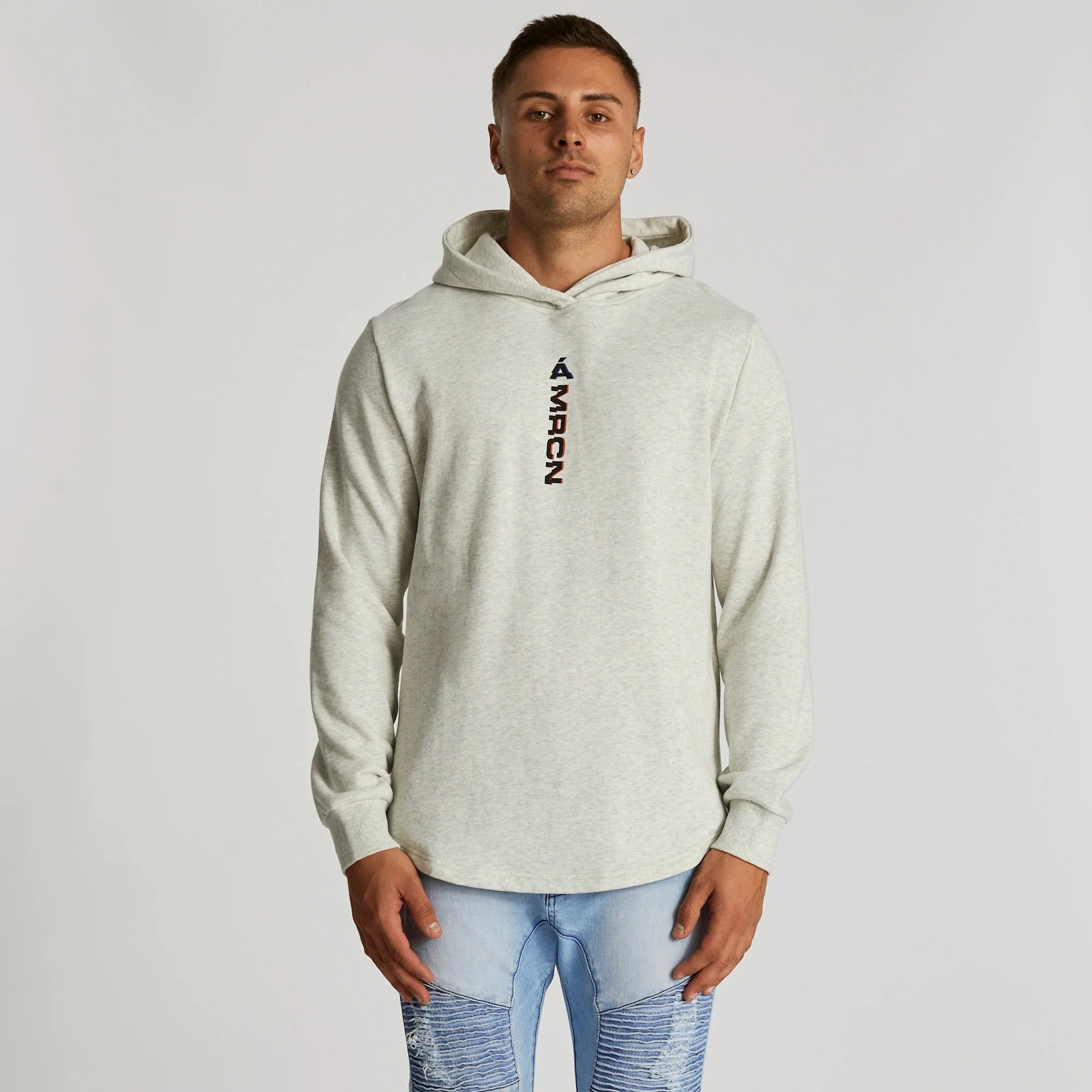 AMERICAIN Mens Fidele Hooded Dual Curved Hem Sweater Snow Marle - Image 12
