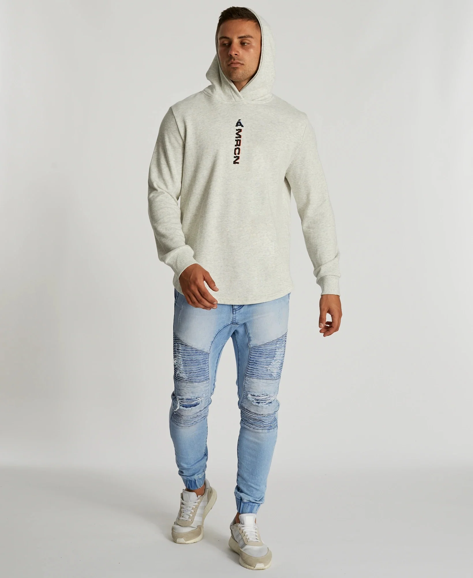 AMERICAIN Mens Fidele Hooded Dual Curved Hem Sweater Snow Marle - Image 3