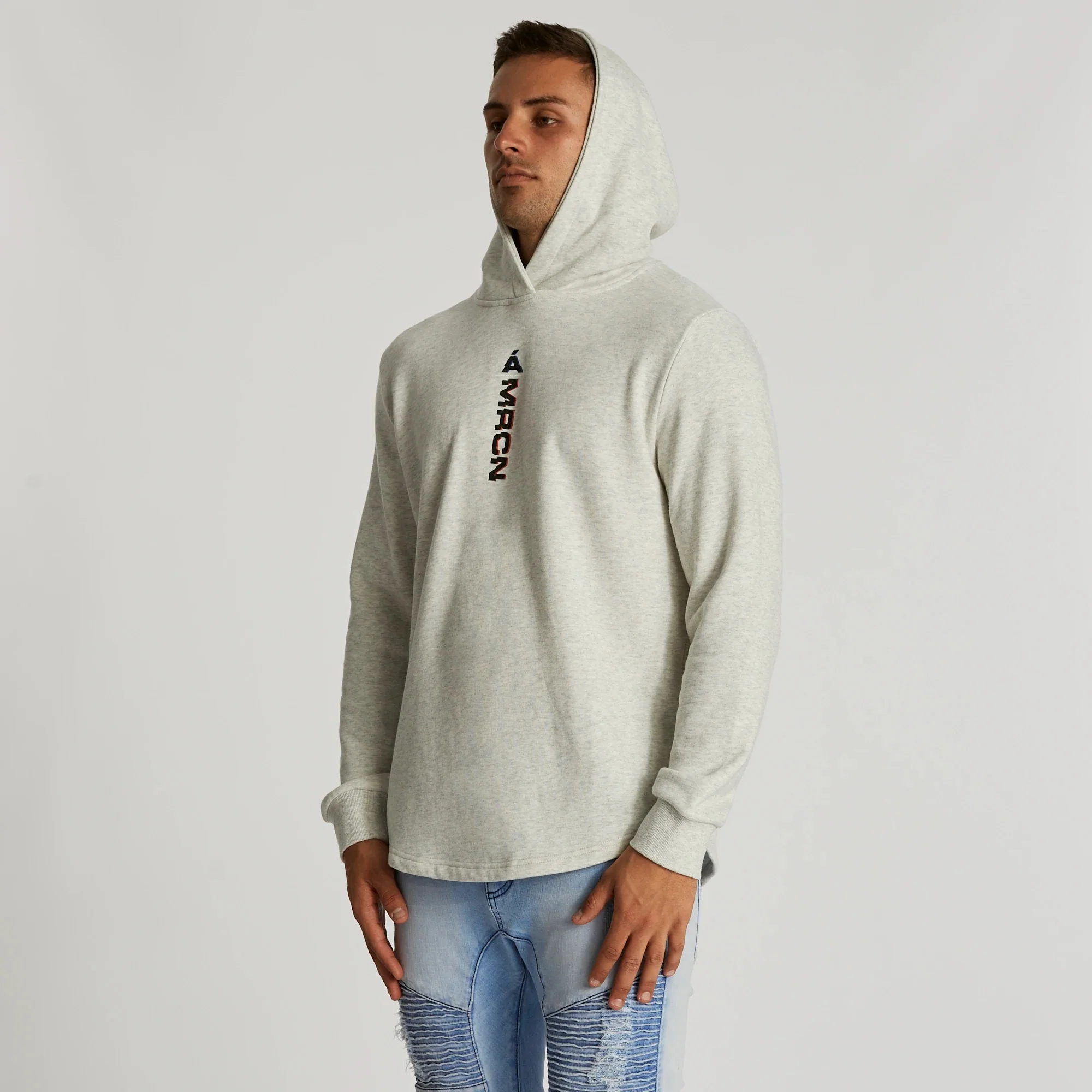 AMERICAIN Mens Fidele Hooded Dual Curved Hem Sweater Snow Marle - Image 5