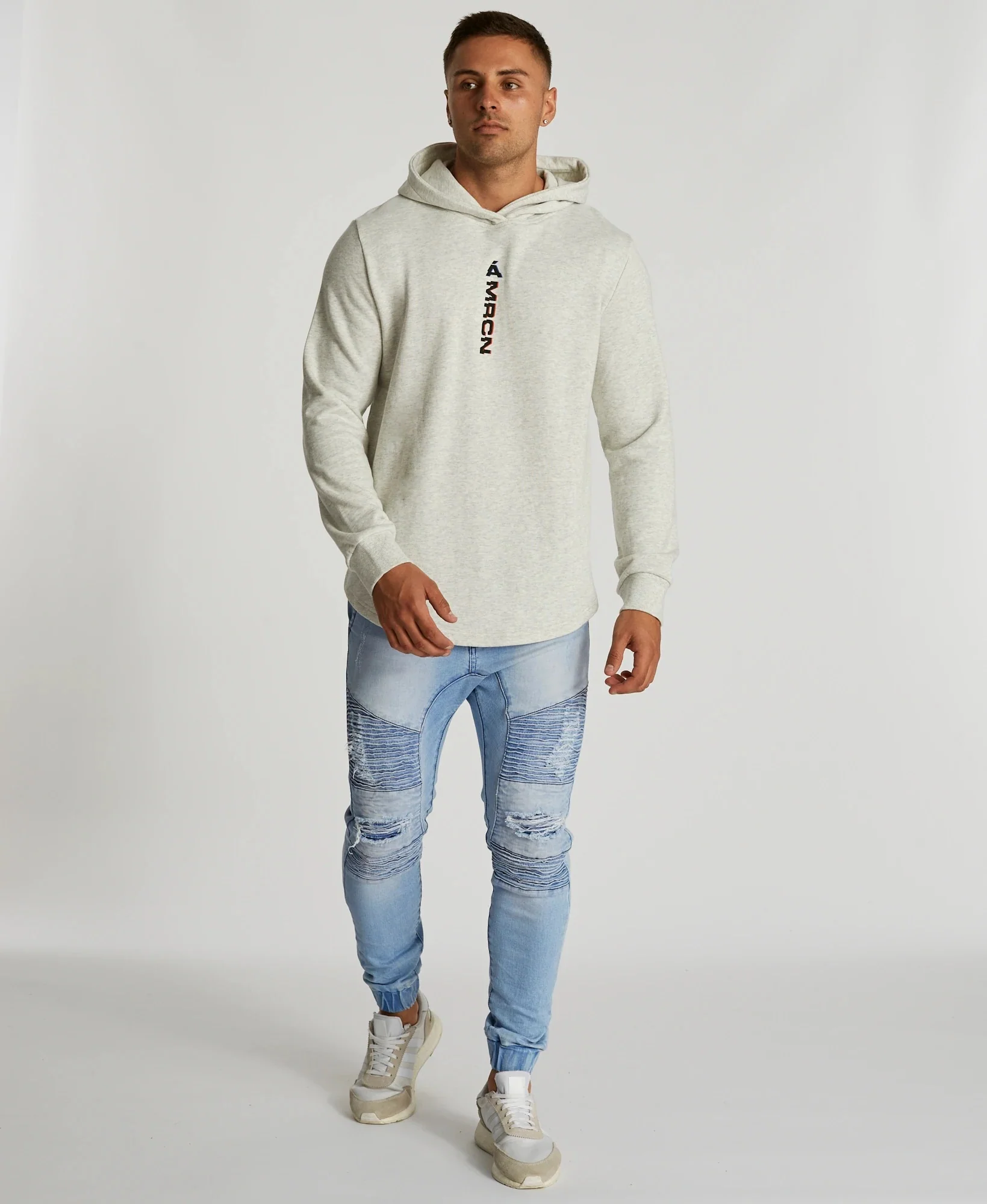 AMERICAIN Mens Fidele Hooded Dual Curved Hem Sweater Snow Marle - Image 8