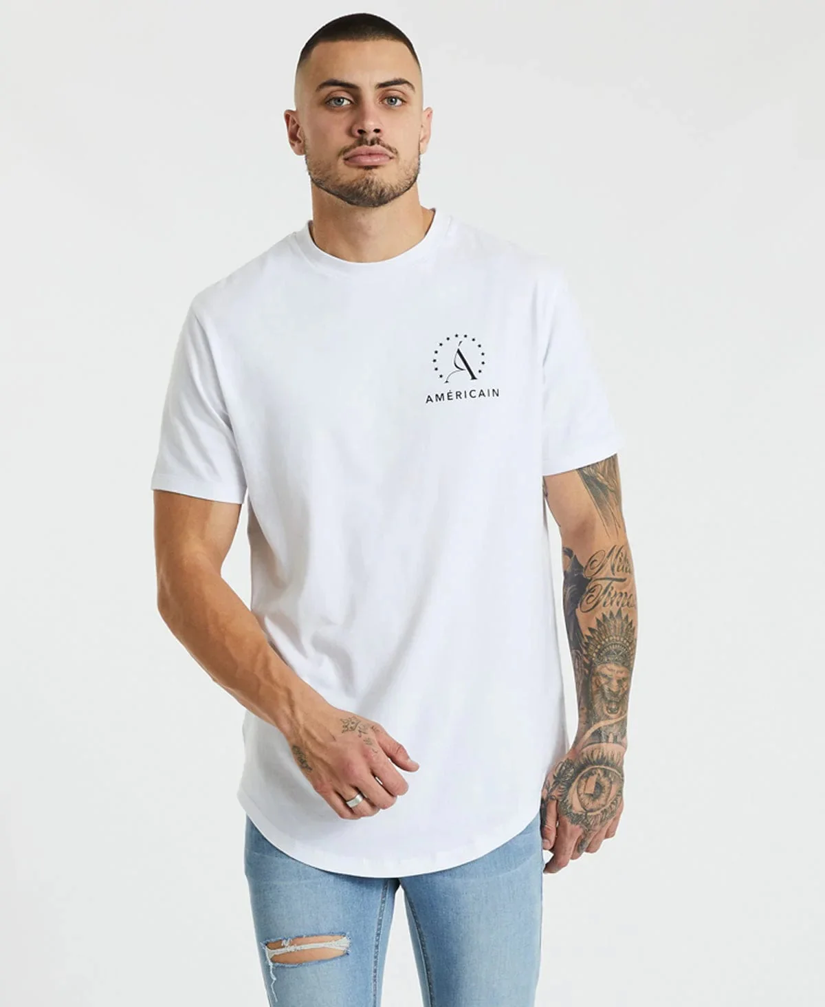 AMERICAIN Mens Hudson Dual Curved Hem Tee Shirt White - Image 3